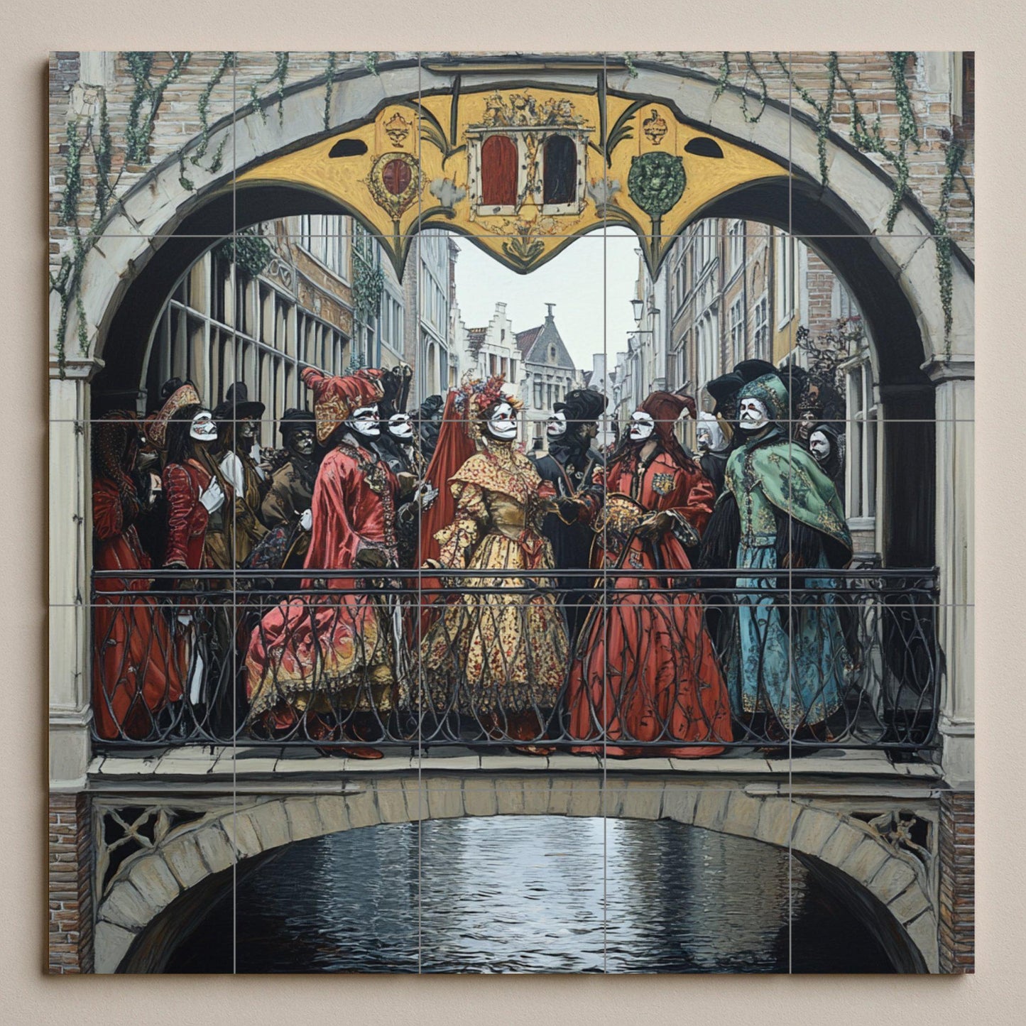 Ceramic mural of the Renaissance Festival Procession: masked figures in ornate costumes crossing a Gothic bridge in medieval style.