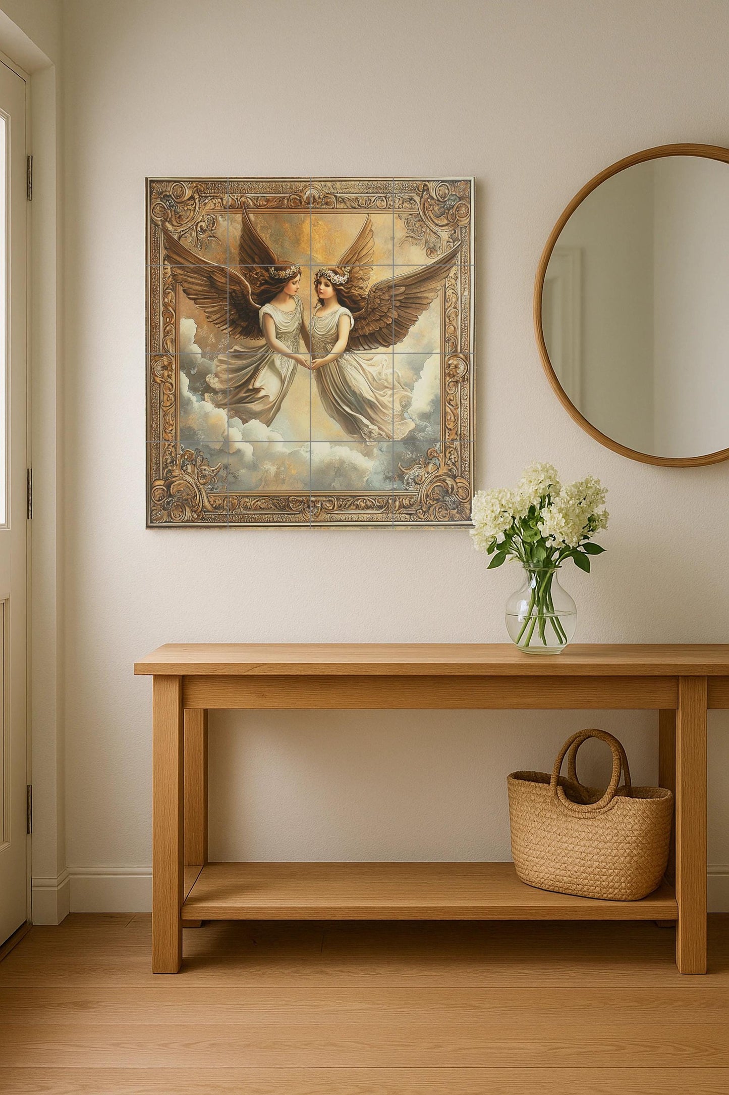 Ceramic mural "Twin Angels": elegant winged figures in an ornate frame, romantic cloud scene, classic and ethereal mural art.