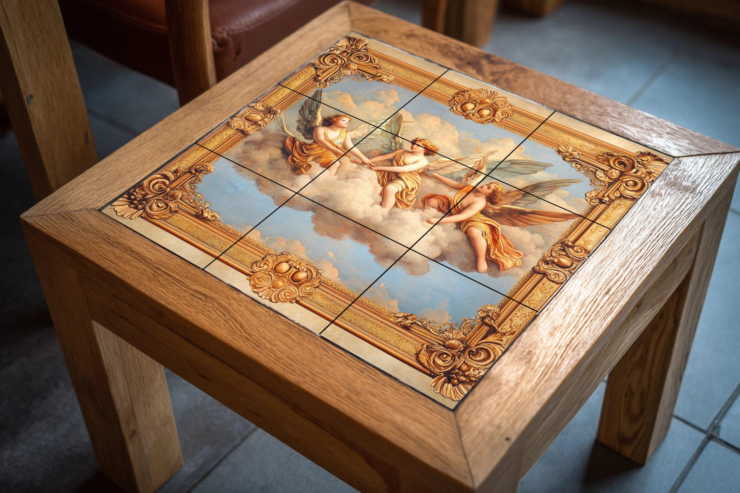 Ceramic mural Celestial Angels: Baroque winged figures on clouds with ornamental gold frame, decorative wall art, timeless cool style.
