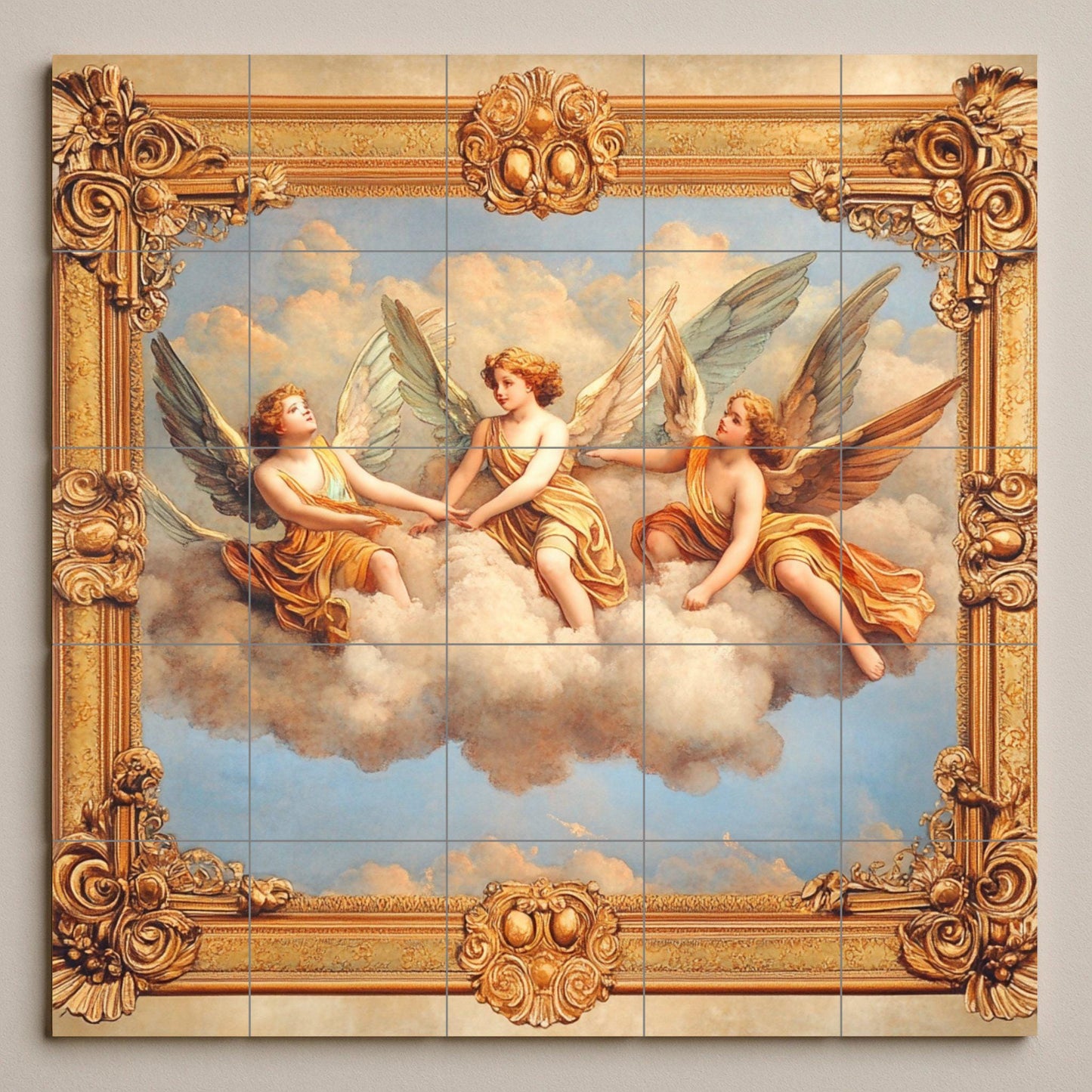 Ceramic mural Celestial Angels: Baroque winged figures on clouds with ornamental gold frame, decorative wall art, timeless cool style.