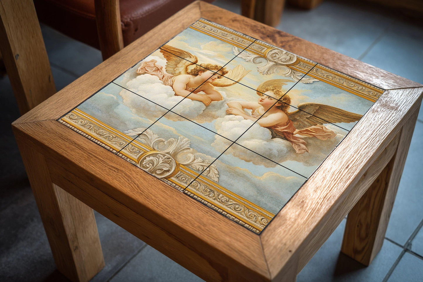 Ceramic mural of Renaissance cherub angels, inspired by Raphael's putti, celestial mural art with clouds and a golden frame.