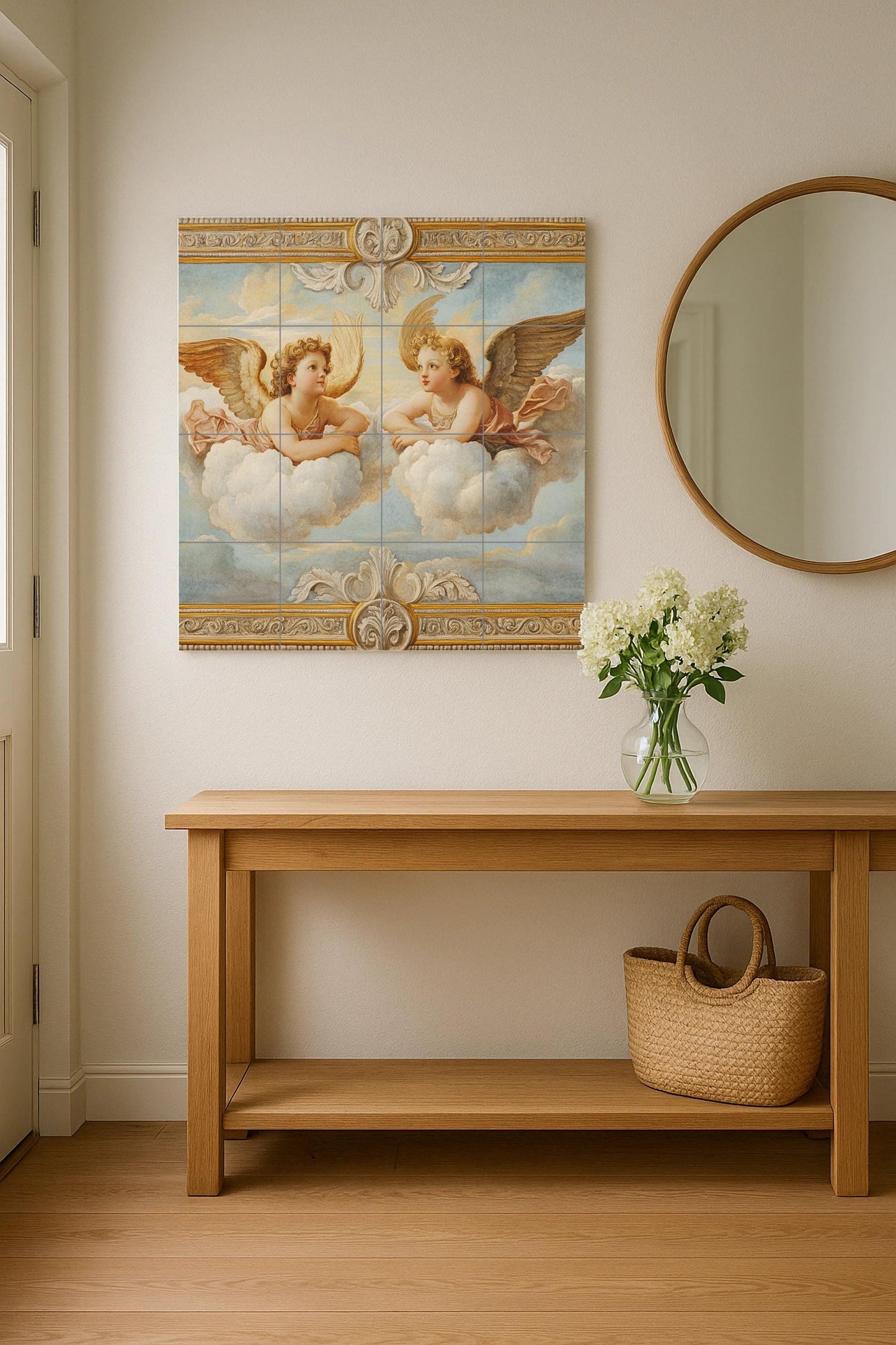 Ceramic mural of Renaissance cherub angels, inspired by Raphael's putti, celestial mural art with clouds and a golden frame.