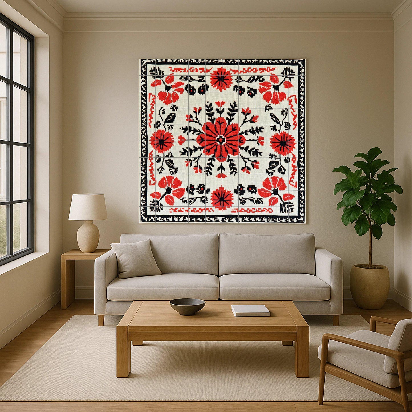 Romanian embroidered mural: floral ceramic mural art in red and black cross stitch with folk vine stitch border, Balkan textile design.