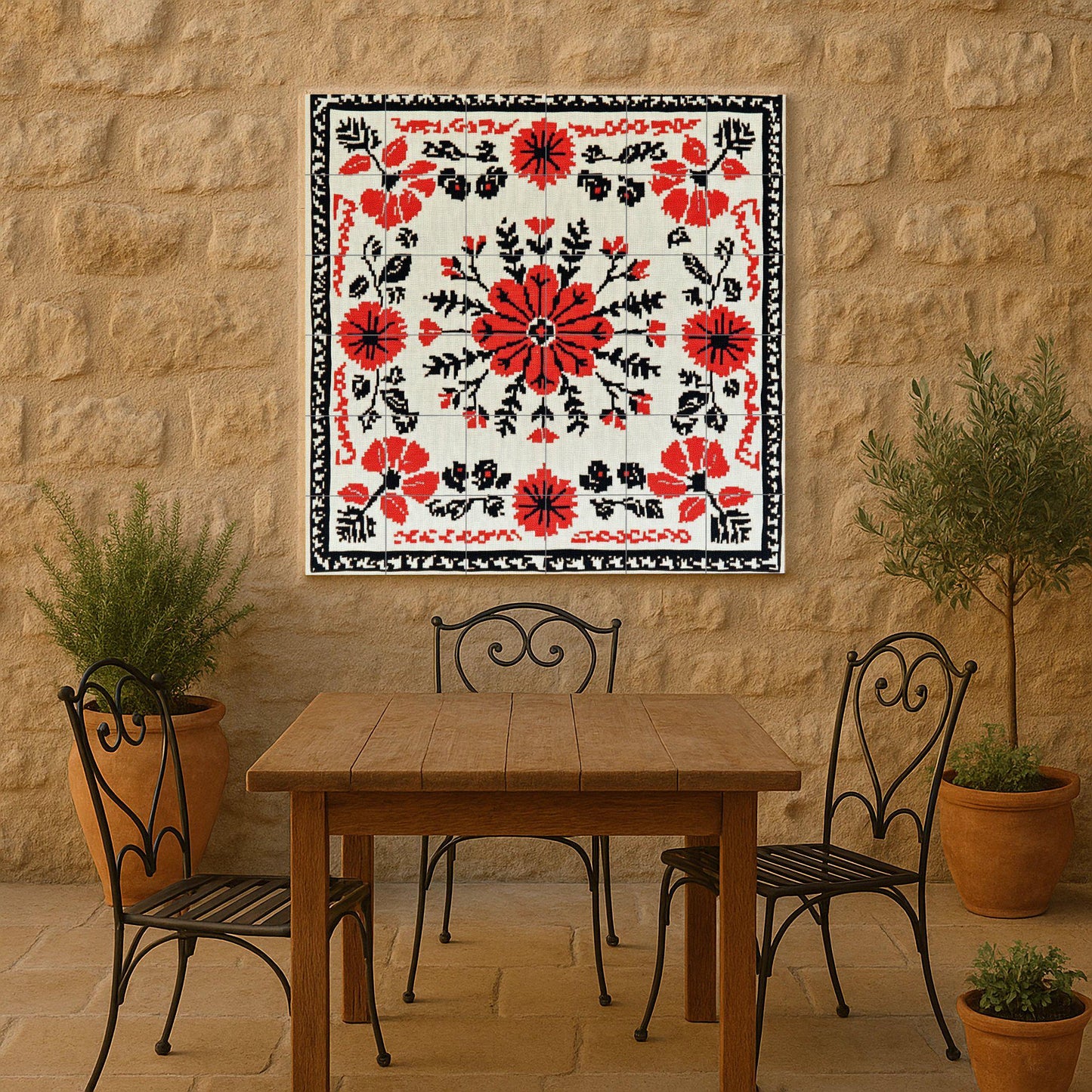 Romanian embroidered mural: floral ceramic mural art in red and black cross stitch with folk vine stitch border, Balkan textile design.