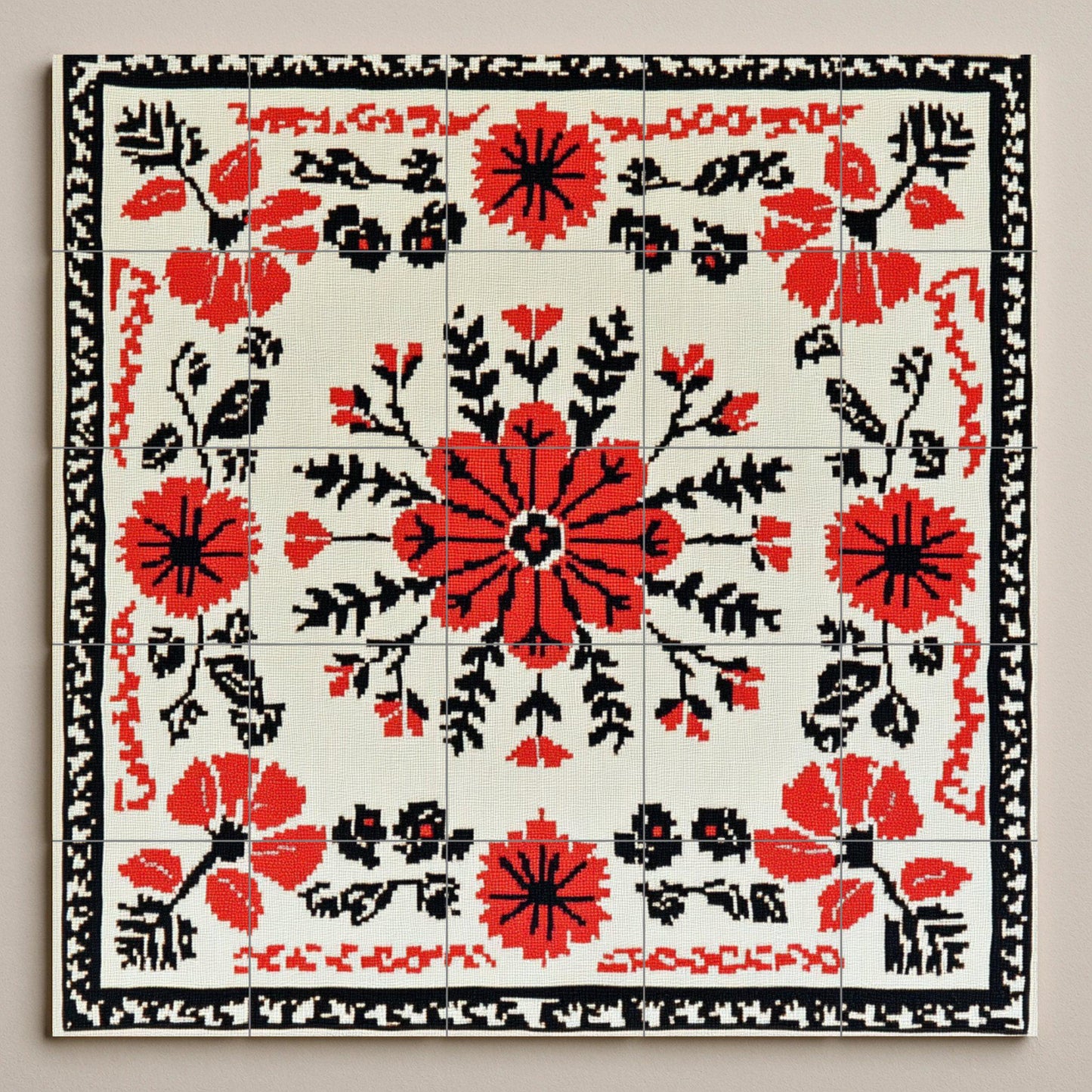 Romanian embroidered mural: floral ceramic mural art in red and black cross stitch with folk vine stitch border, Balkan textile design.