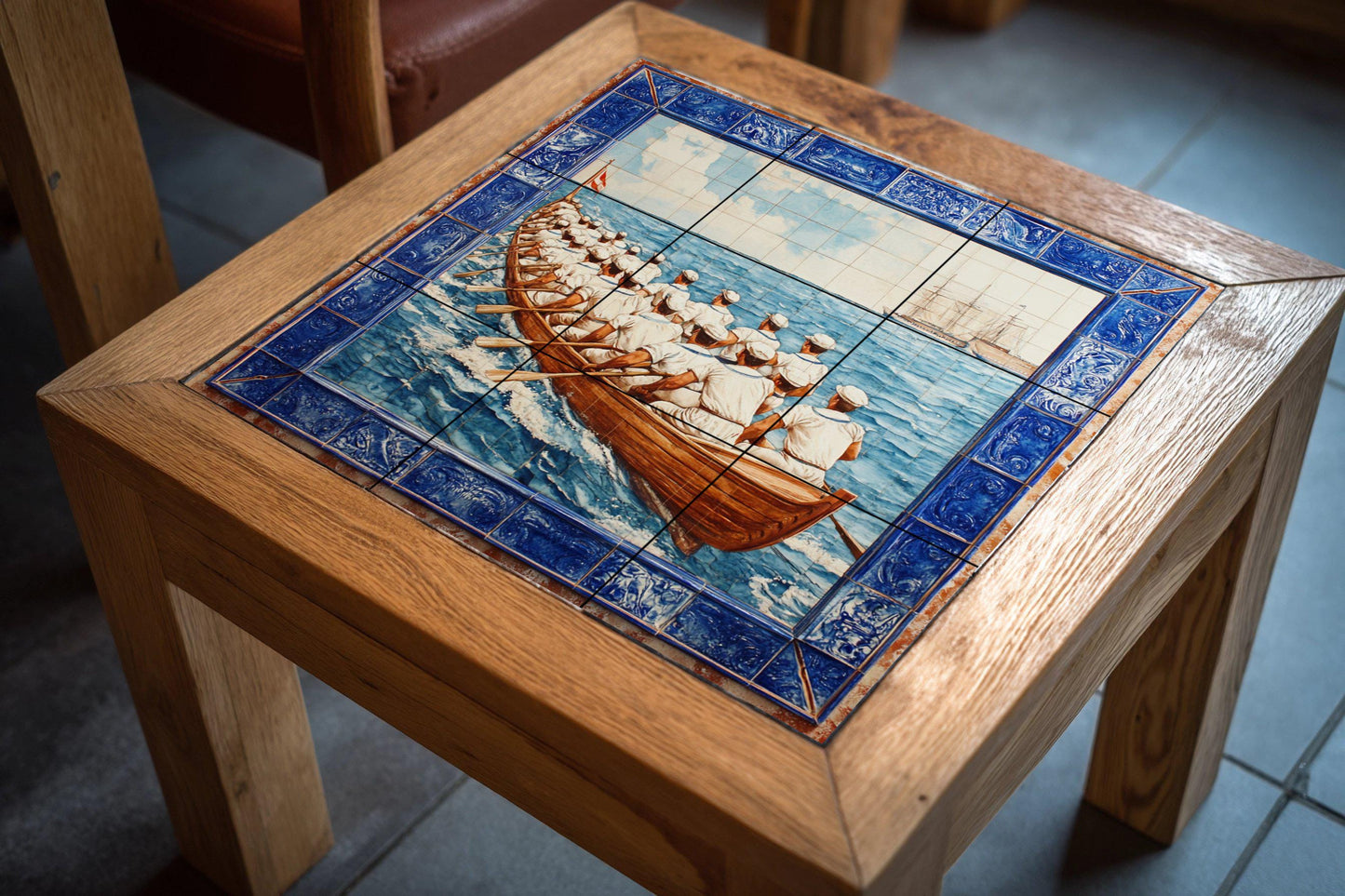 Portuguese tile mural: naval rowing crew at sea with boats, maritime blue tile border, Iberian nautical ceramic mural art