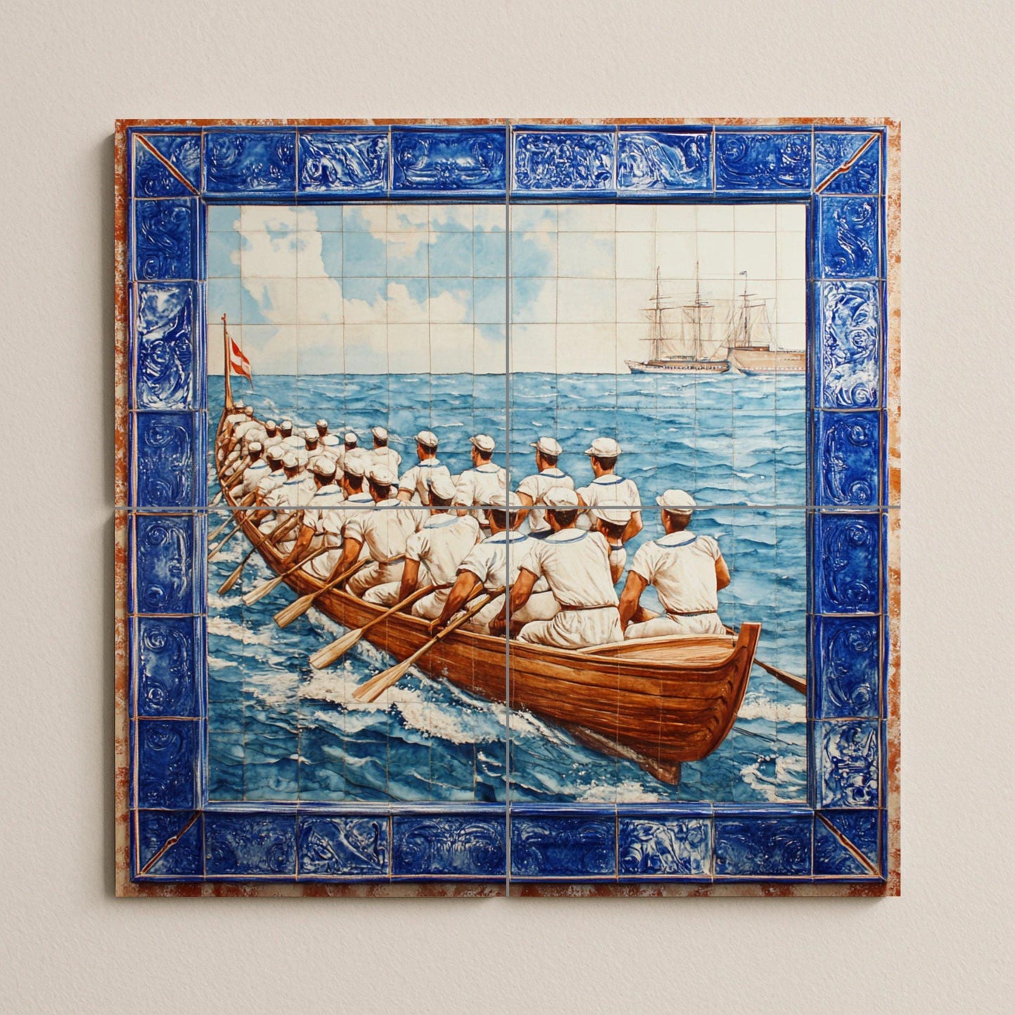Portuguese tile mural: naval rowing crew at sea with boats, maritime blue tile border, Iberian nautical ceramic mural art