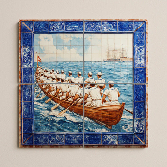 Portuguese tile mural: naval rowing crew at sea with boats, maritime blue tile border, Iberian nautical ceramic mural art
