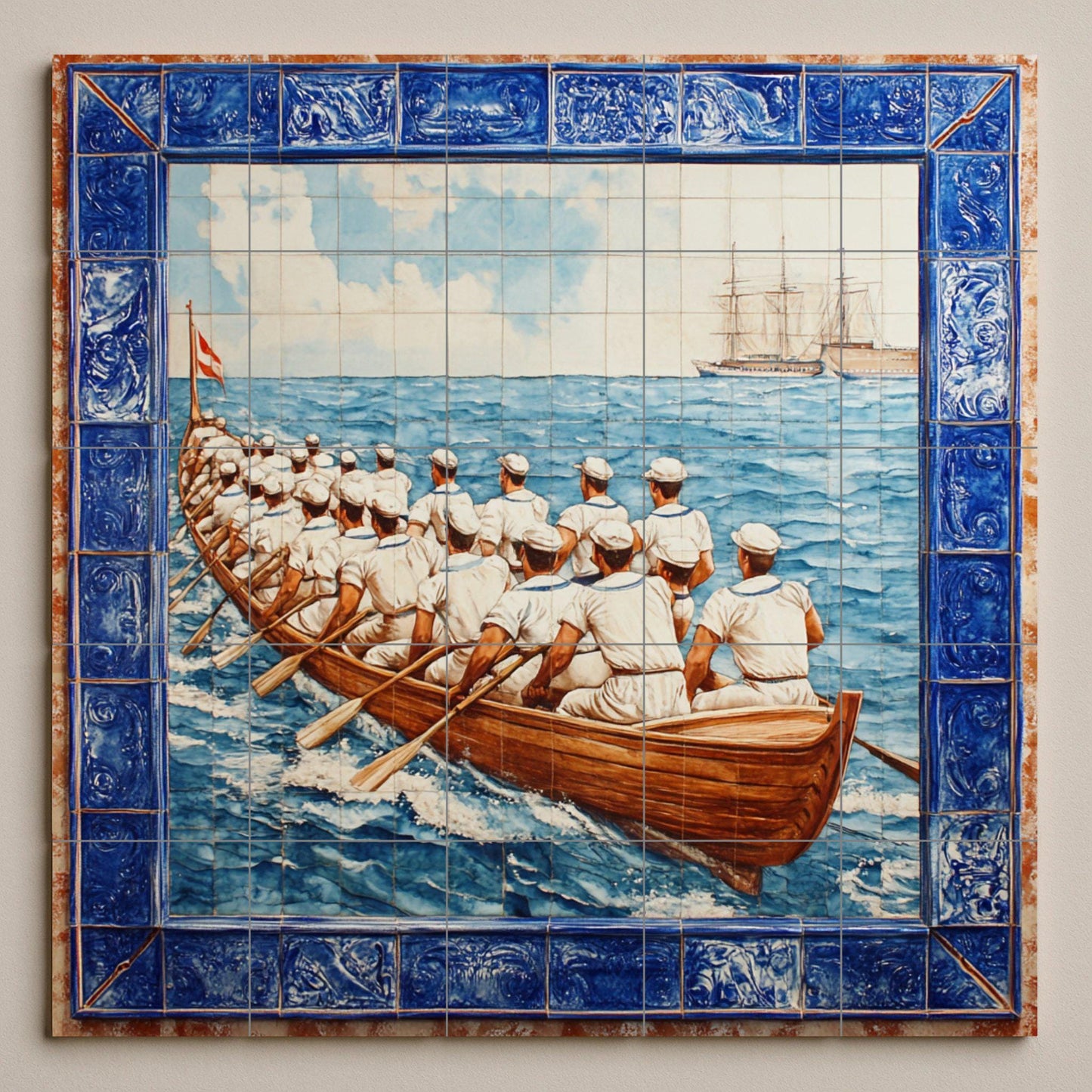 Portuguese tile mural: naval rowing crew at sea with boats, maritime blue tile border, Iberian nautical ceramic mural art