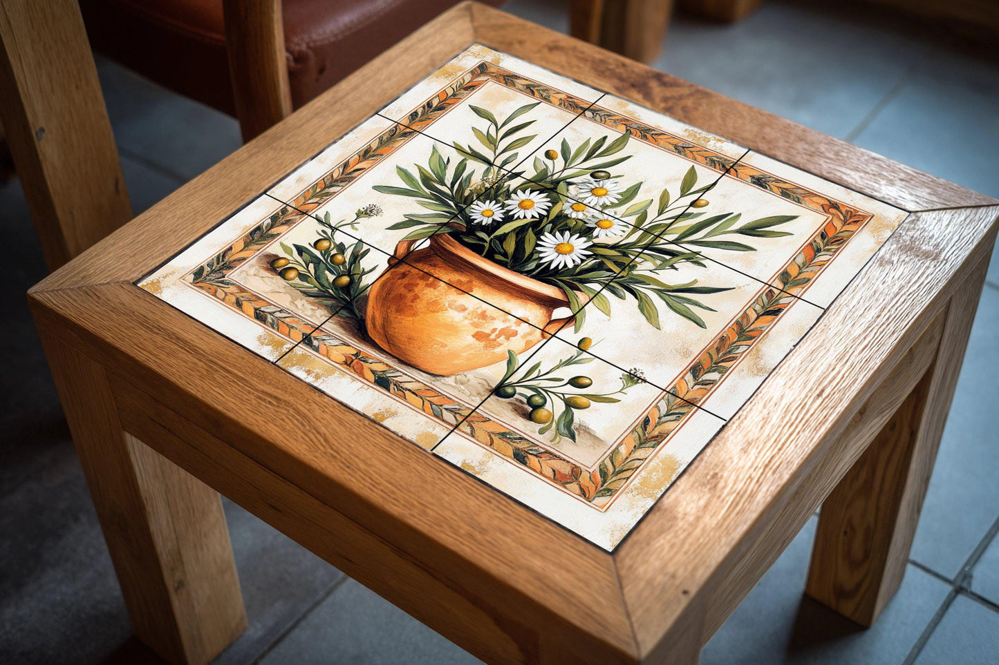 Mediterranean ceramic mural: terracotta vase with olive branches and chamomile, rustic Tuscan Provencal wall art in warm earth tones.