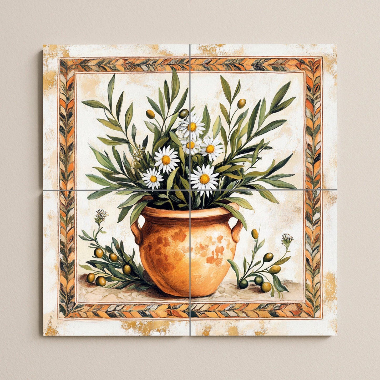 Mediterranean ceramic mural: terracotta vase with olive branches and chamomile, rustic Tuscan Provencal wall art in warm earth tones.