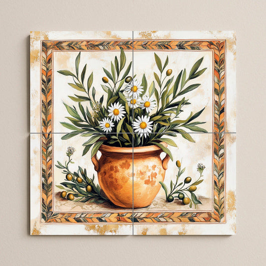 Mediterranean ceramic mural: terracotta vase with olive branches and chamomile, rustic Tuscan Provencal wall art in warm earth tones.