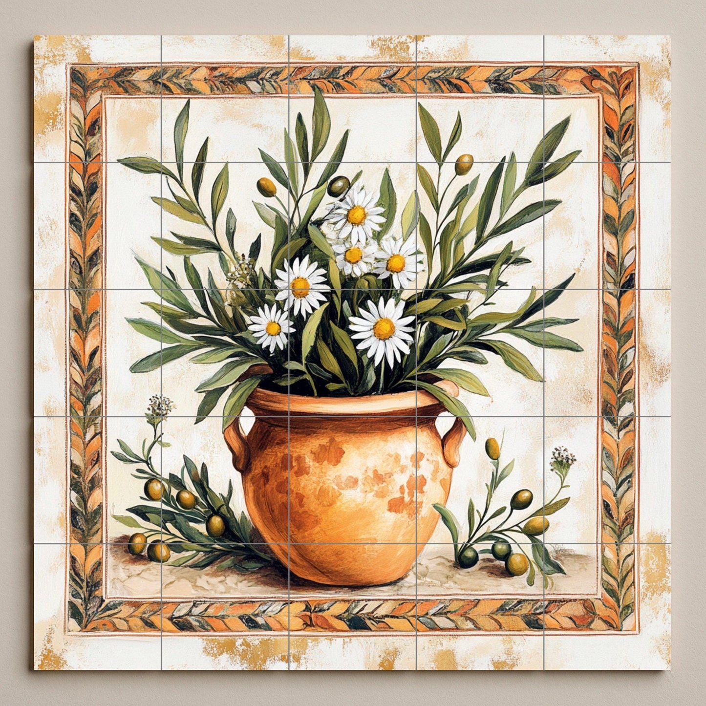 Mediterranean ceramic mural: terracotta vase with olive branches and chamomile, rustic Tuscan Provencal wall art in warm earth tones.