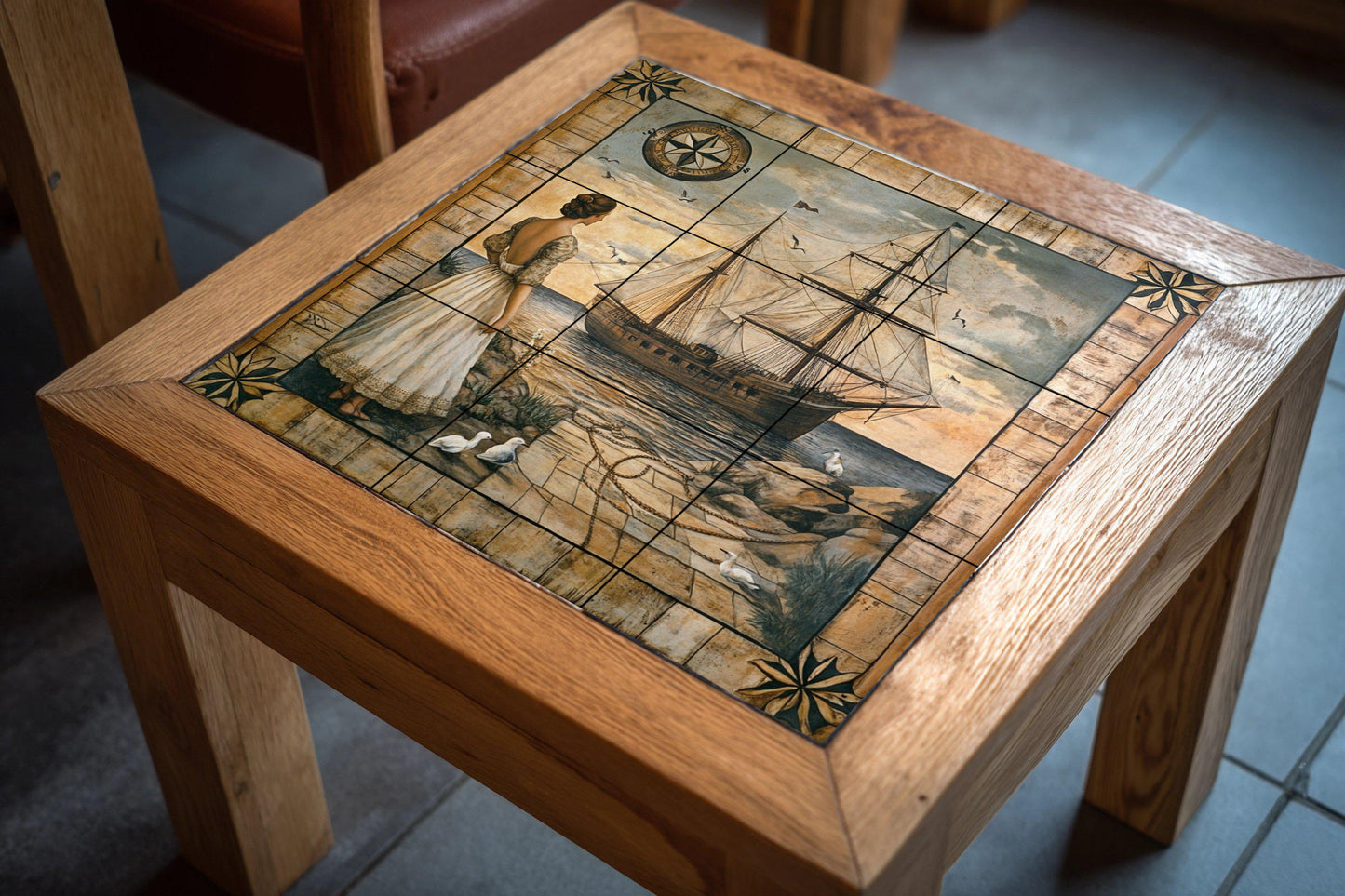 Maritime ceramic mural: woman on the shore with sailboat, compass rose and marine border, vintage style nautical wall art.
