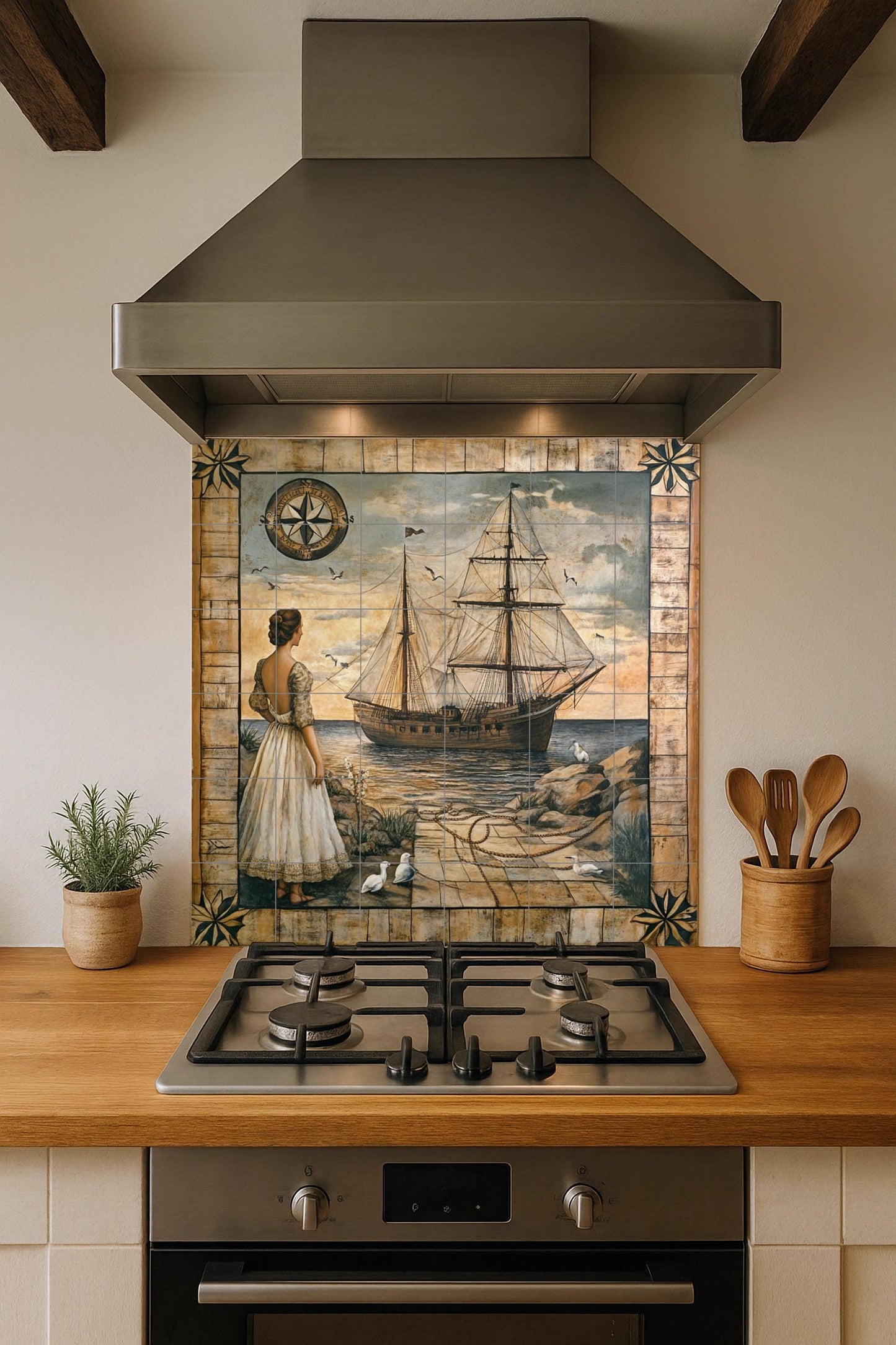 Maritime ceramic mural: woman on the shore with sailboat, compass rose and marine border, vintage style nautical wall art.