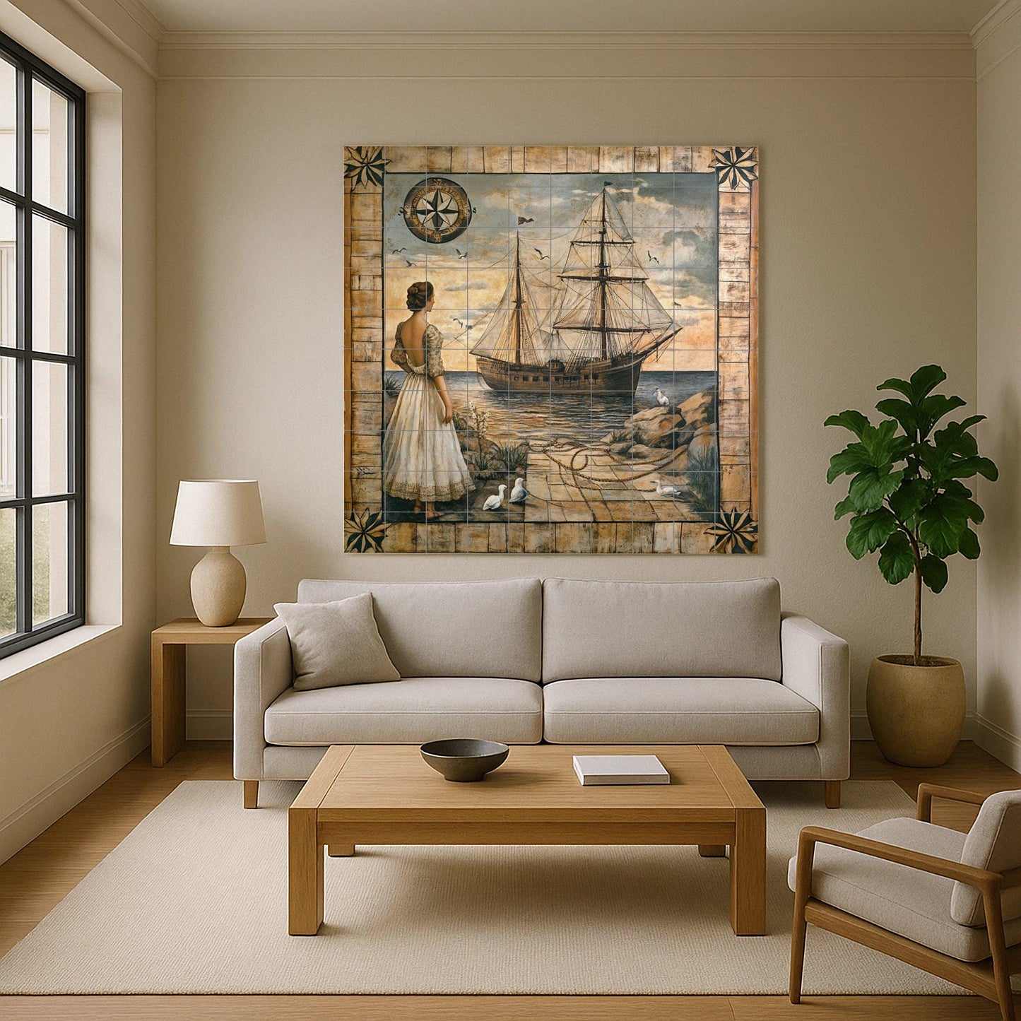 Maritime ceramic mural: woman on the shore with sailboat, compass rose and marine border, vintage style nautical wall art.