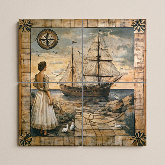 Maritime ceramic mural: woman on the shore with sailboat, compass rose and marine border, vintage style nautical wall art.