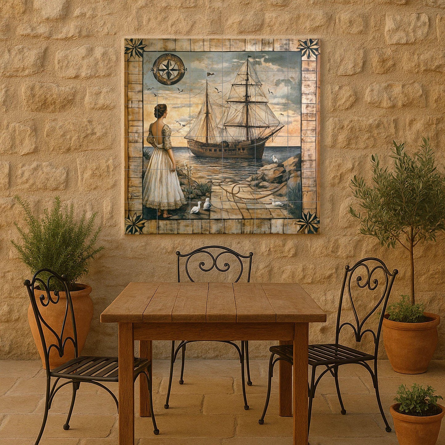 Maritime ceramic mural: woman on the shore with sailboat, compass rose and marine border, vintage style nautical wall art.