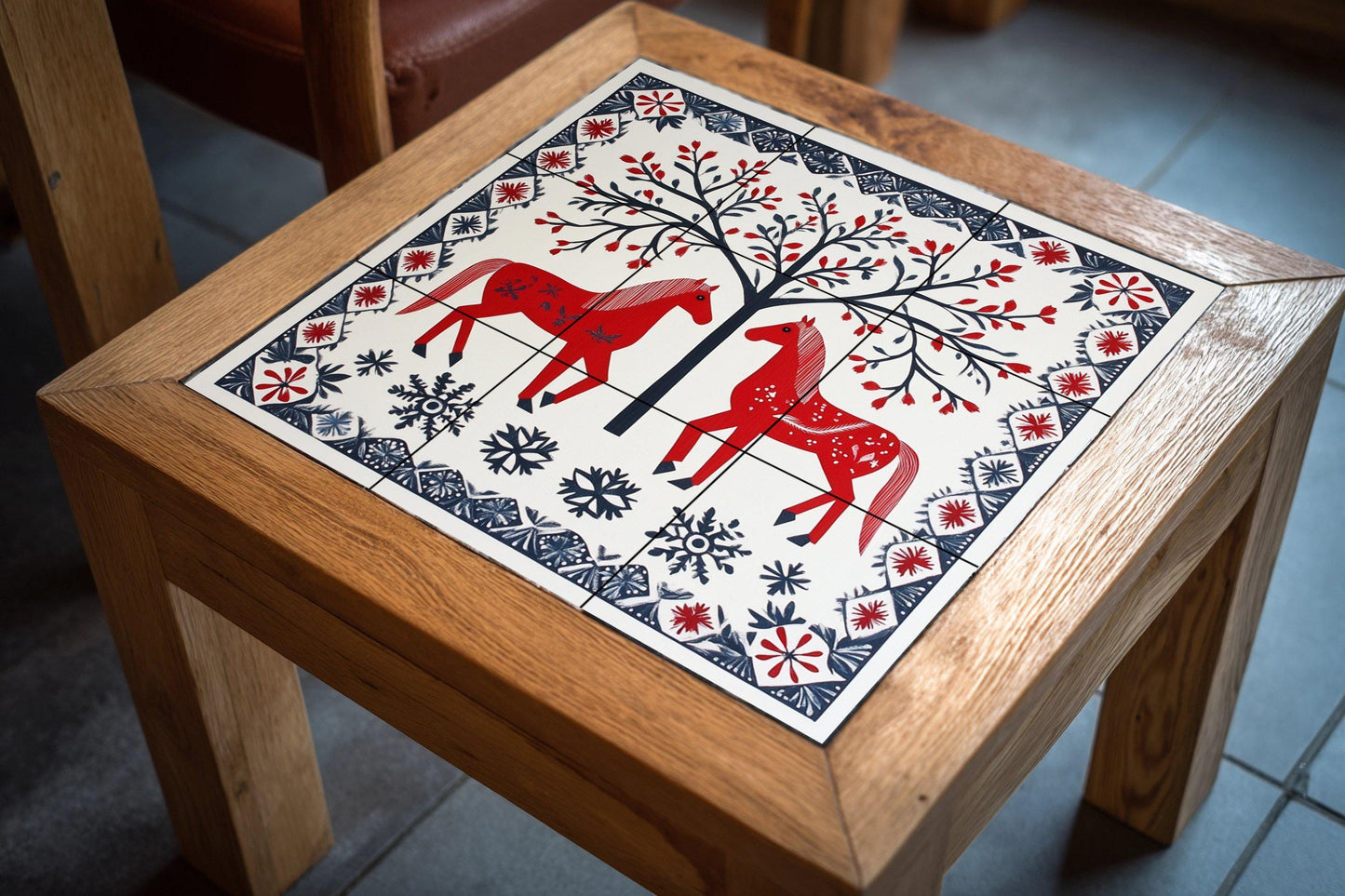 Scandinavian folk ceramic mural: red horses, tree of life, and snowflake border. Nordic decorative art with winter folk charm.