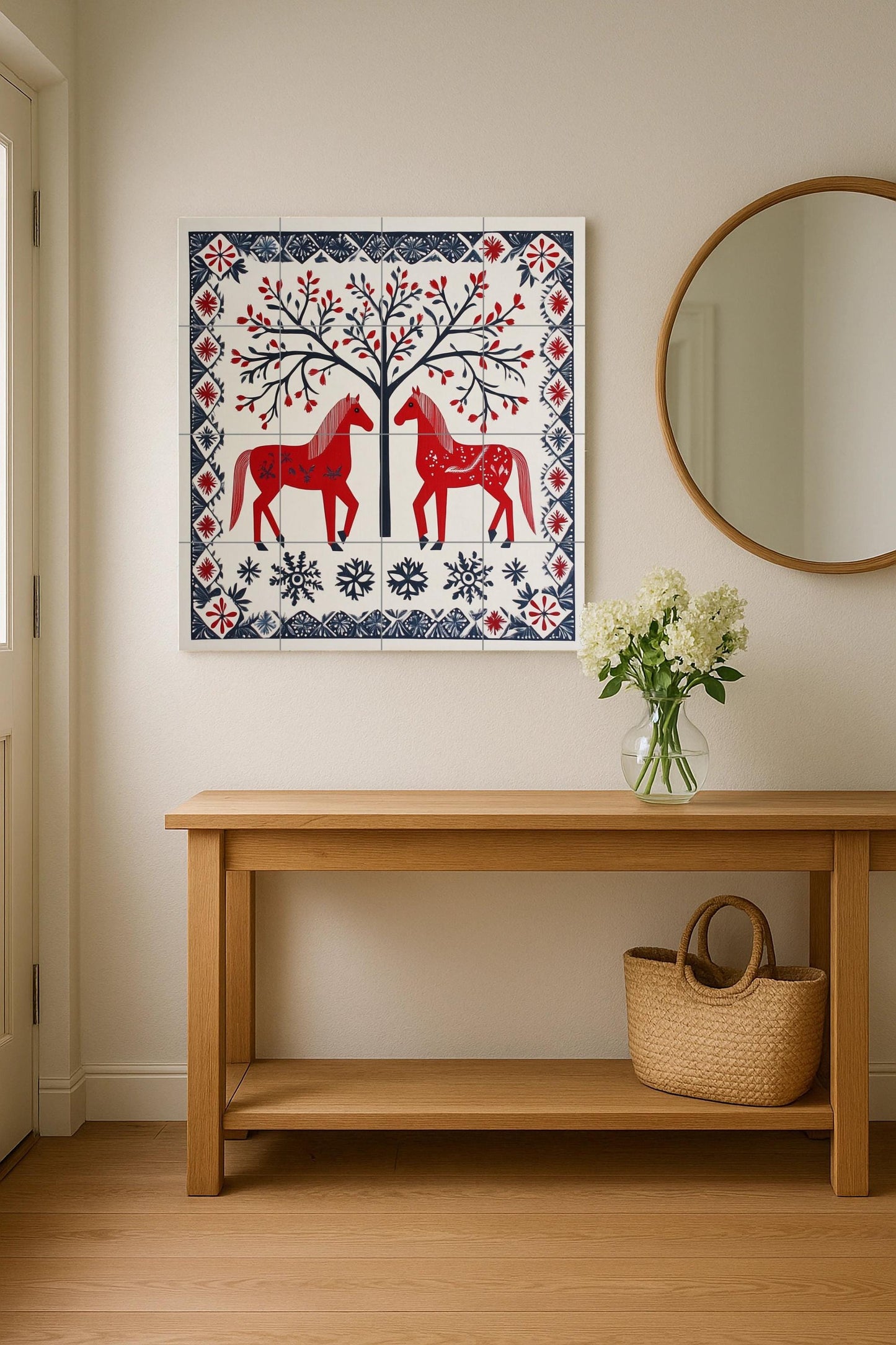 Scandinavian folk ceramic mural: red horses, tree of life, and snowflake border. Nordic decorative art with winter folk charm.