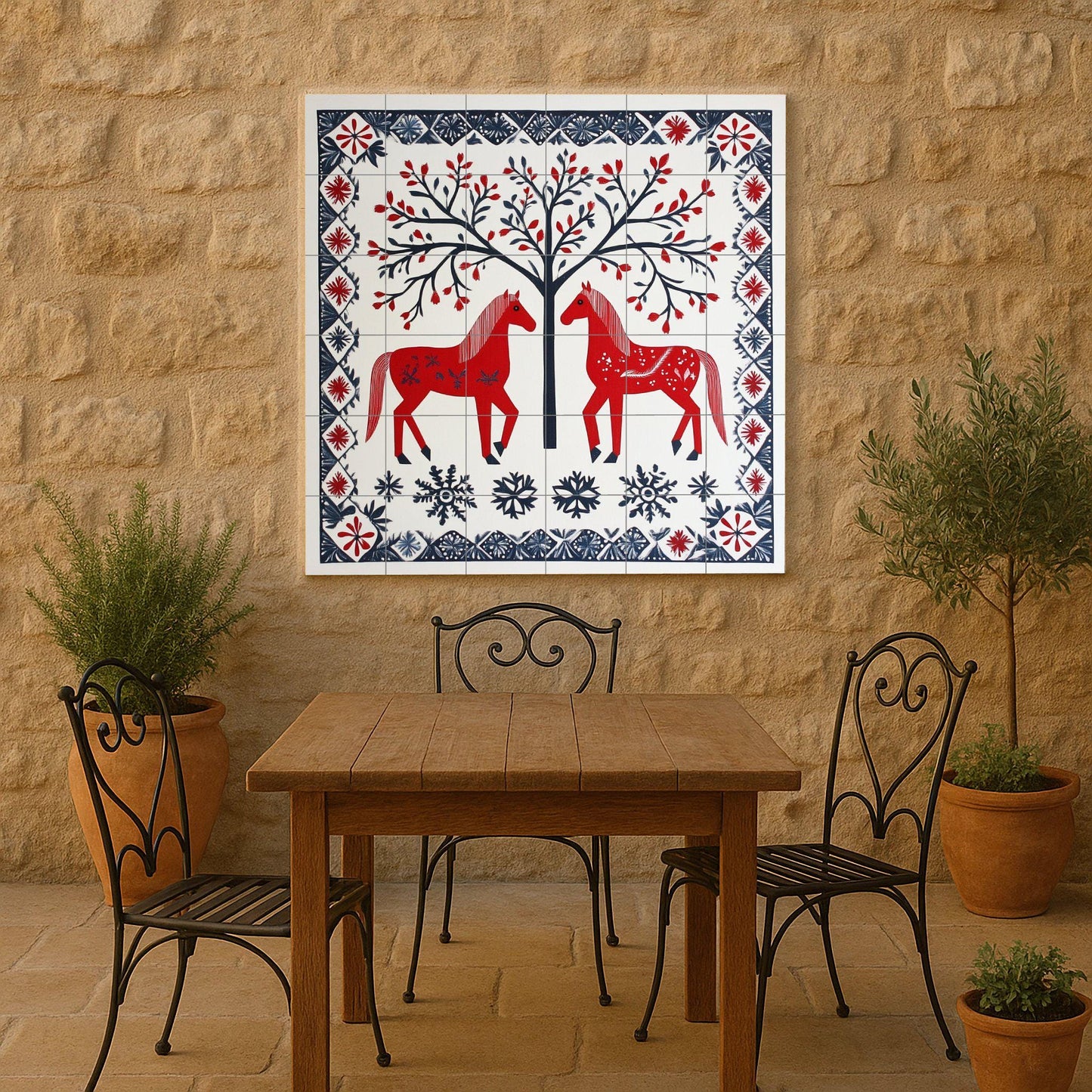 Scandinavian folk ceramic mural: red horses, tree of life, and snowflake border. Nordic decorative art with winter folk charm.