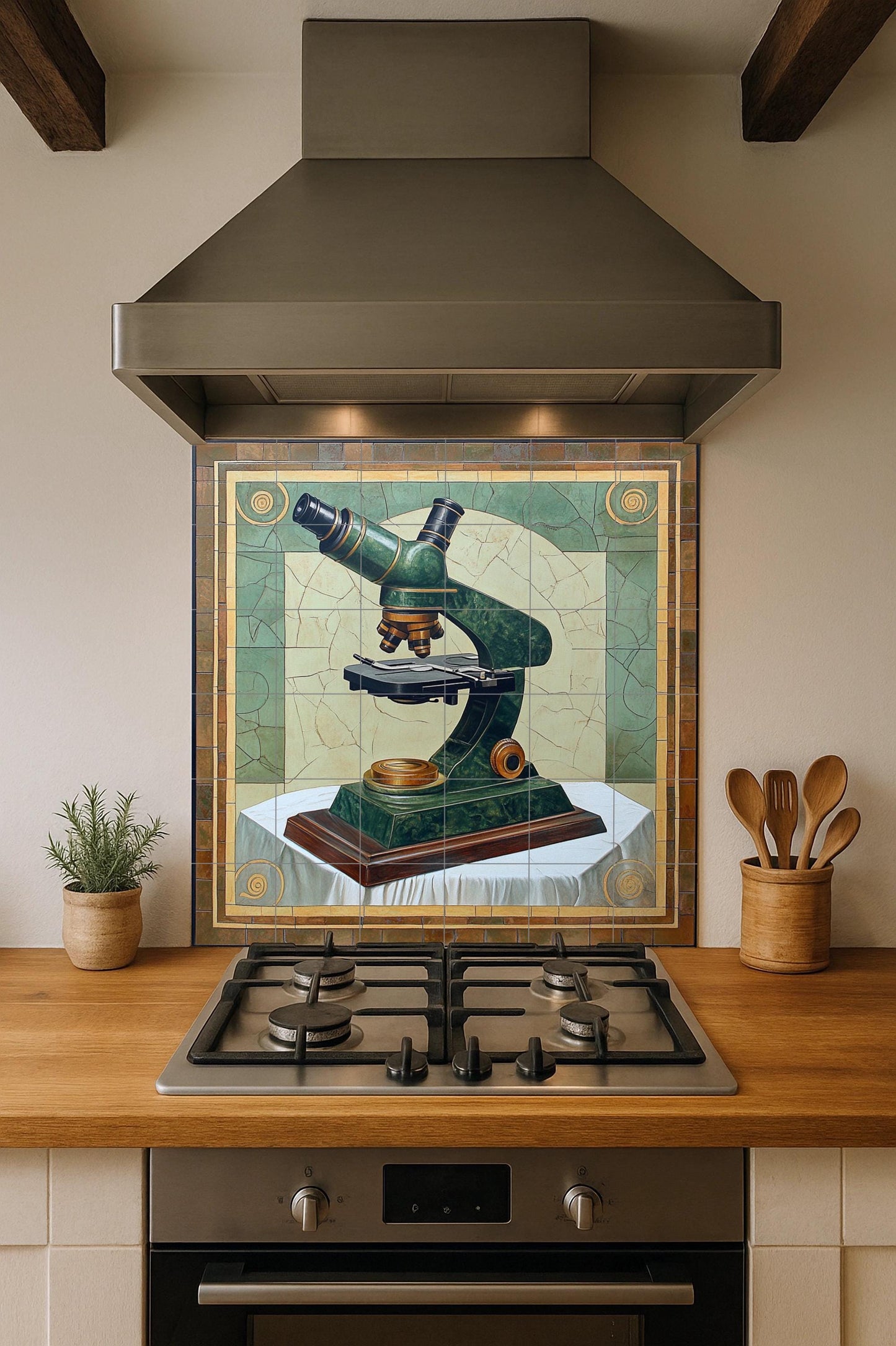 Scientific Microscope Ceramic Mural: Vintage Laboratory Wall Art with Green Patina Finish, Academic Science Inspired Decorative Panel.