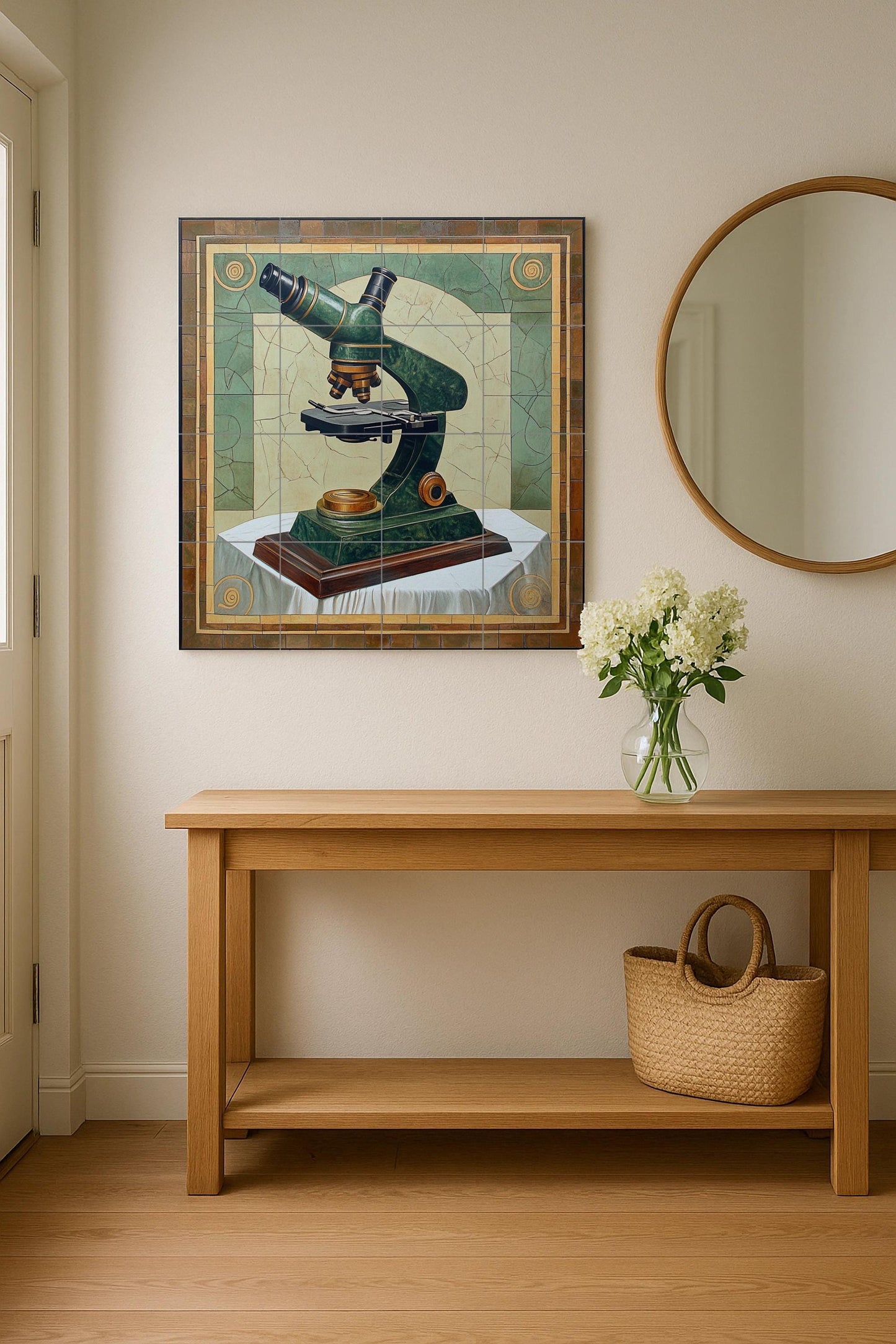Scientific Microscope Ceramic Mural: Vintage Laboratory Wall Art with Green Patina Finish, Academic Science Inspired Decorative Panel.