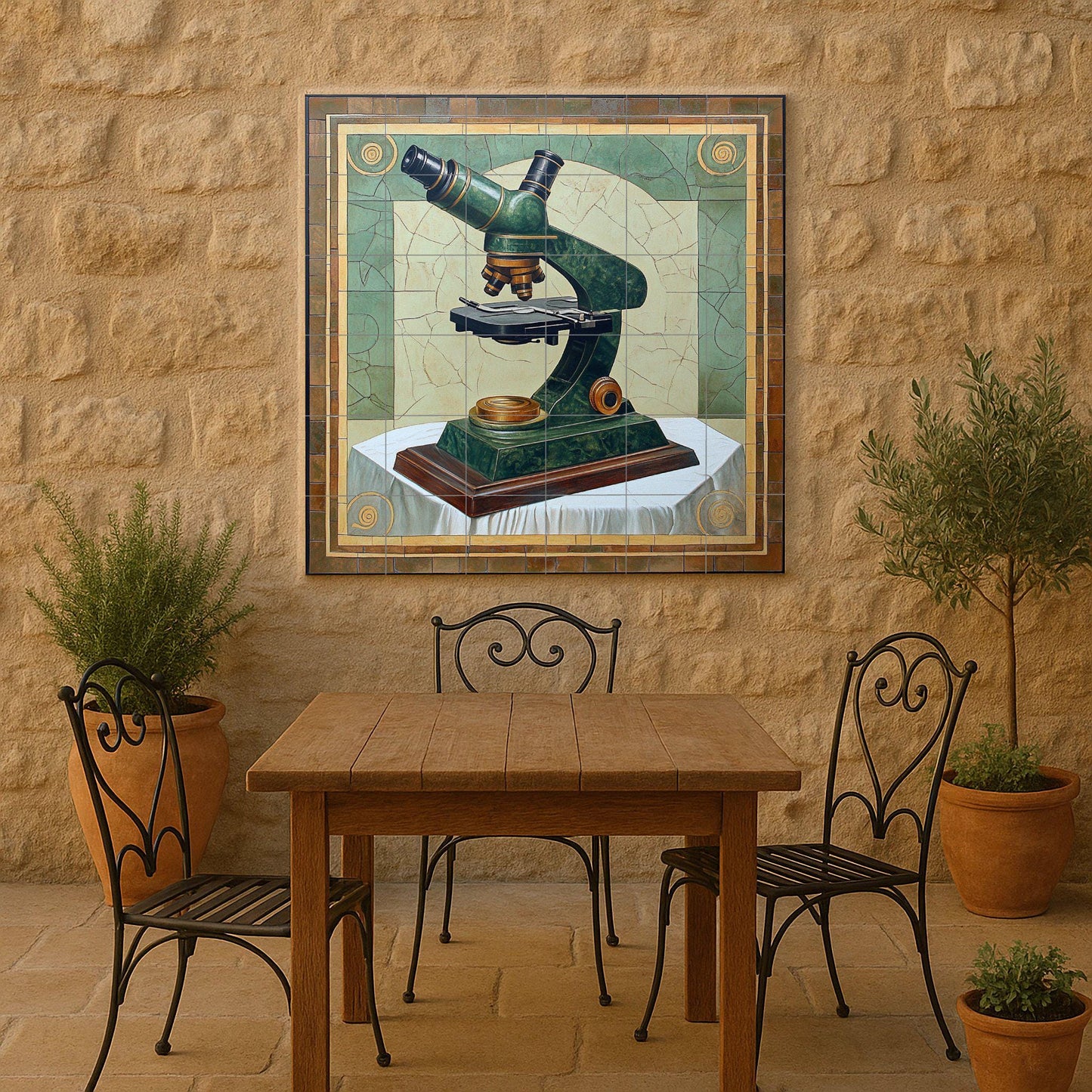 Scientific Microscope Ceramic Mural: Vintage Laboratory Wall Art with Green Patina Finish, Academic Science Inspired Decorative Panel.