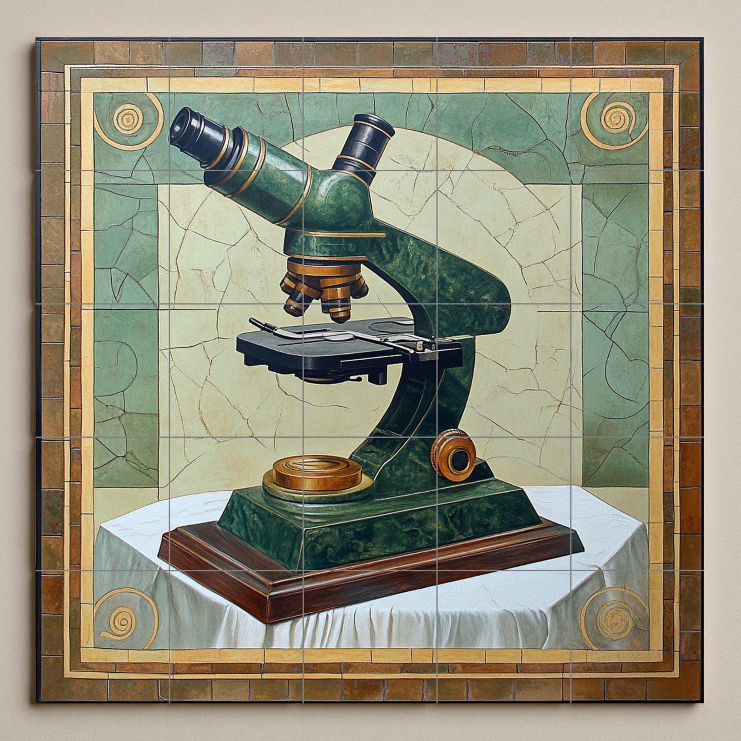 Scientific Microscope Ceramic Mural: Vintage Laboratory Wall Art with Green Patina Finish, Academic Science Inspired Decorative Panel.