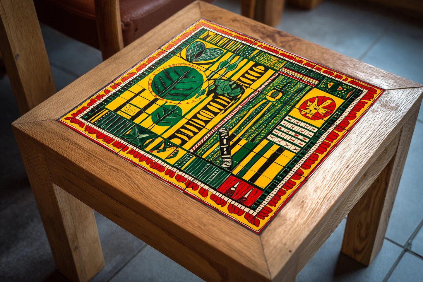 Senegalese wax fabric ceramic mural: African textile-inspired mural art with bold geometric motifs in vibrant yellow, green, and red patterns.