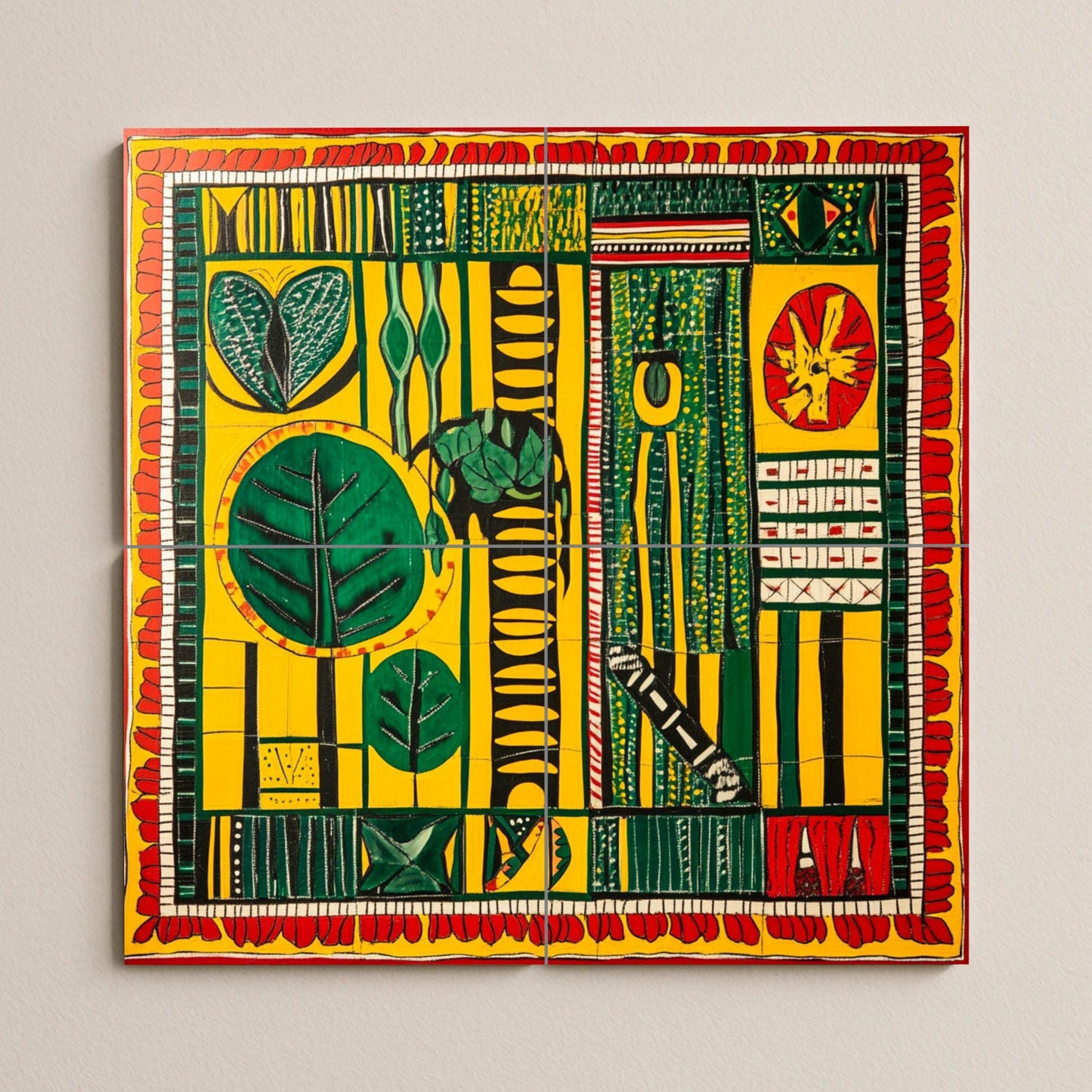 Senegalese wax fabric ceramic mural: African textile-inspired mural art with bold geometric motifs in vibrant yellow, green, and red patterns.