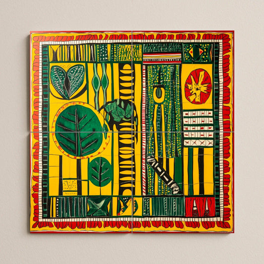 Senegalese wax fabric ceramic mural: African textile-inspired mural art with bold geometric motifs in vibrant yellow, green, and red patterns.