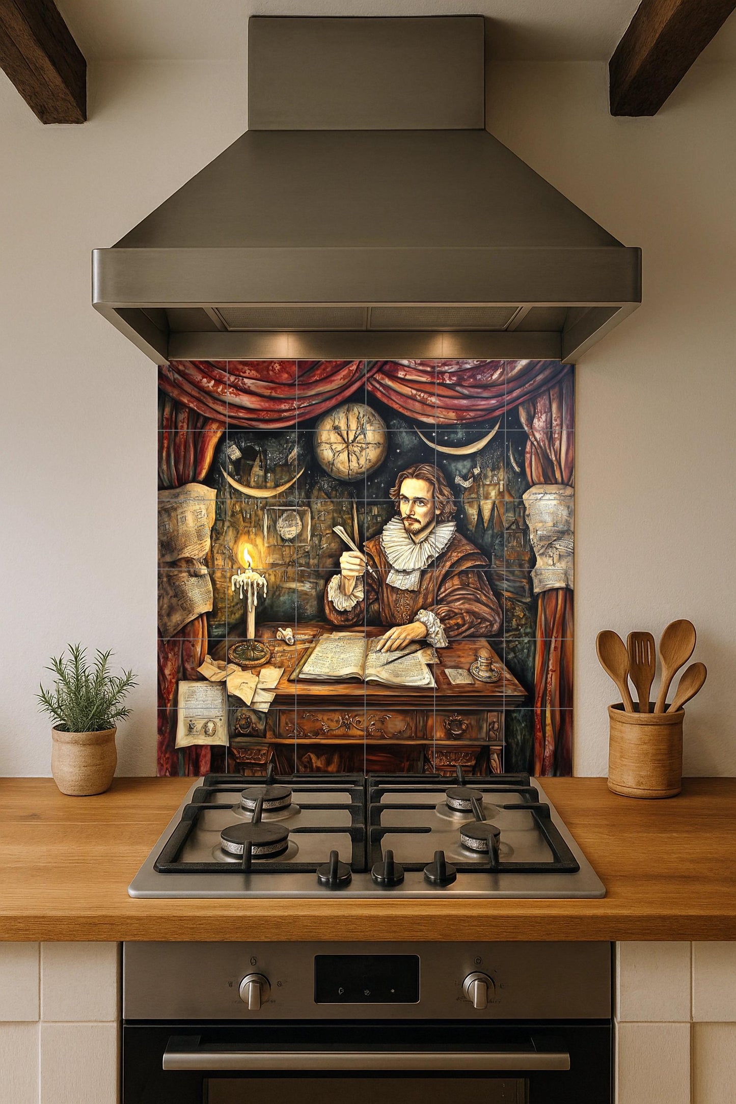 Shakespeare Mural: Ceramic mural art of English literature with an Elizabethan scholar sitting at a desk, candlelight and manuscripts, theatrical detail.