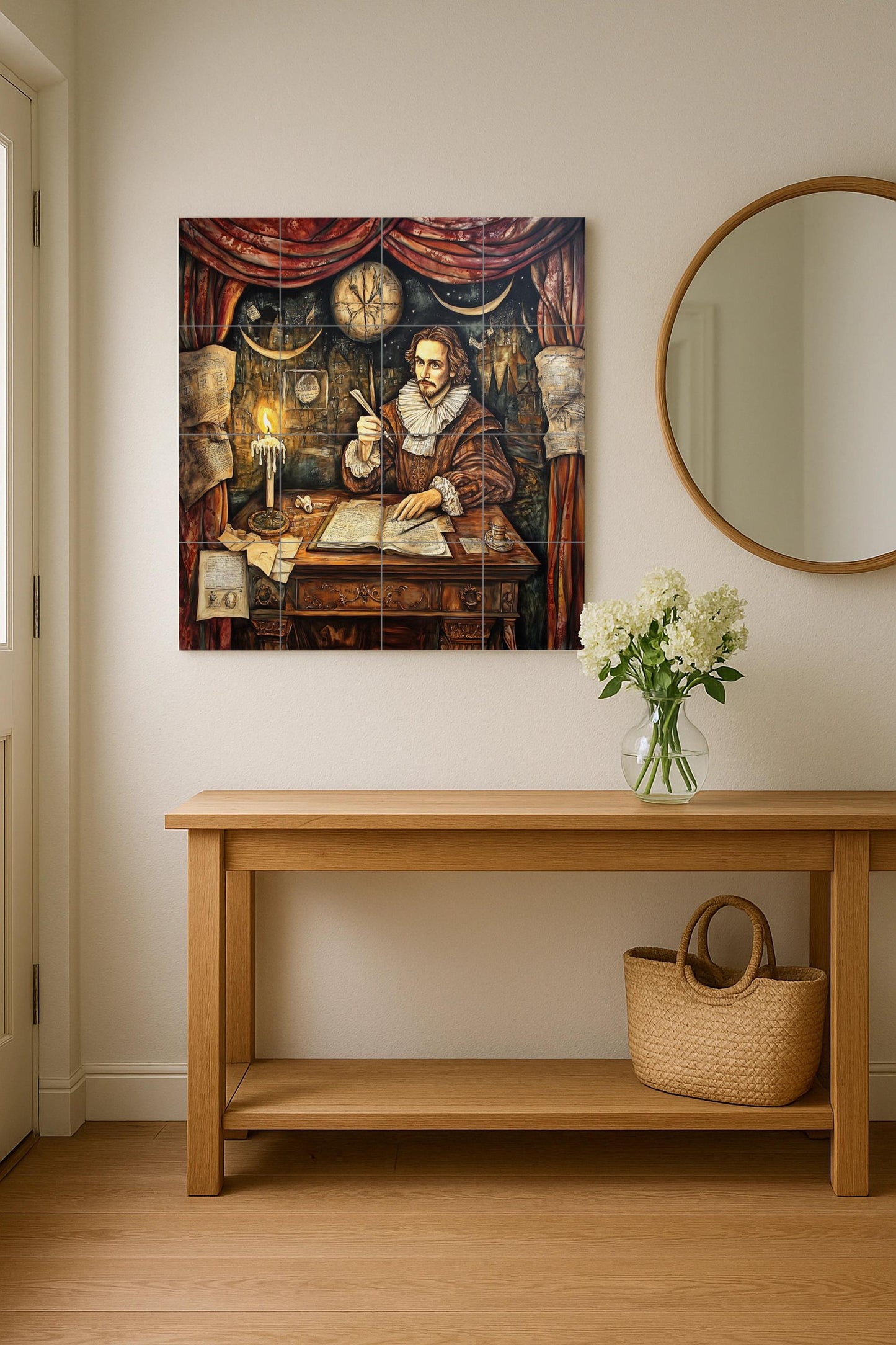 Shakespeare Mural: Ceramic mural art of English literature with an Elizabethan scholar sitting at a desk, candlelight and manuscripts, theatrical detail.