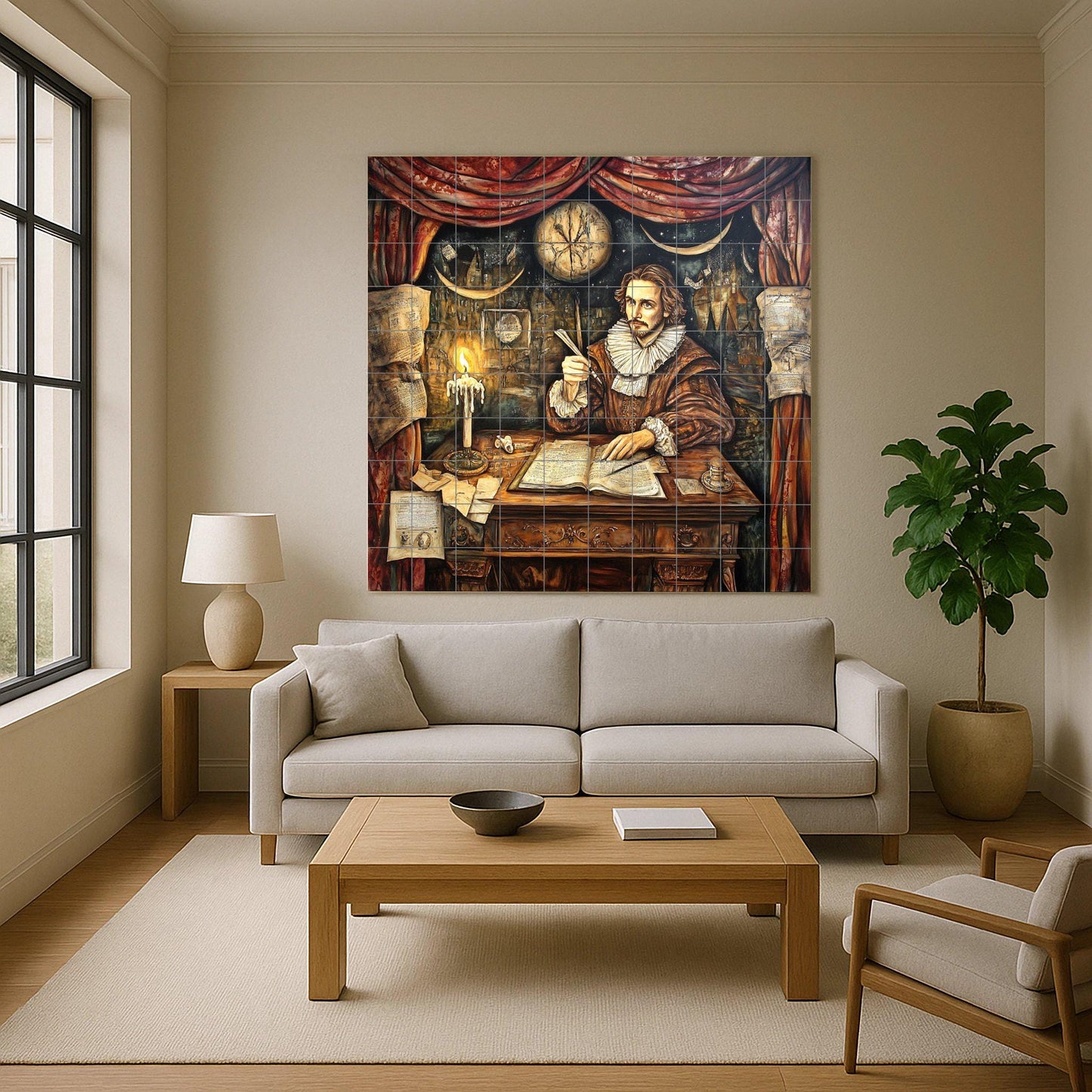 Shakespeare Mural: Ceramic mural art of English literature with an Elizabethan scholar sitting at a desk, candlelight and manuscripts, theatrical detail.