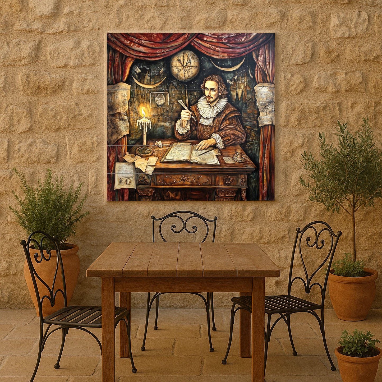 Shakespeare Mural: Ceramic mural art of English literature with an Elizabethan scholar sitting at a desk, candlelight and manuscripts, theatrical detail.