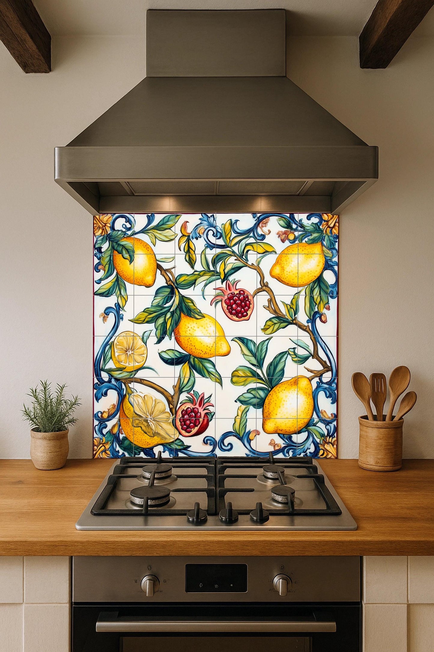 Valencian ceramic mural: lemons and pomegranates with blue scrolls, inspired by the Mediterranean orchards and the ceramic heritage of Manises.
