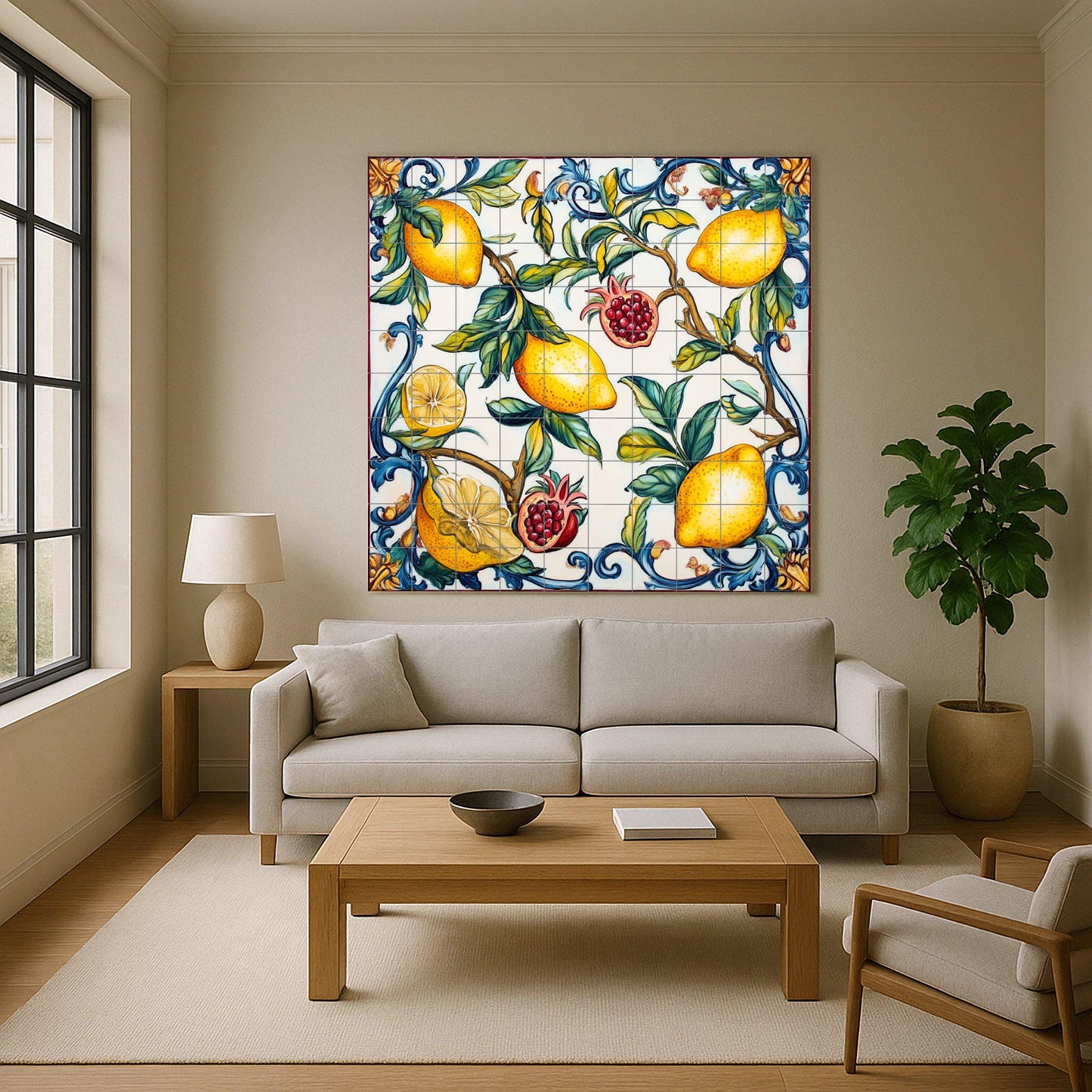 Valencian ceramic mural: lemons and pomegranates with blue scrolls, inspired by the Mediterranean orchards and the ceramic heritage of Manises.