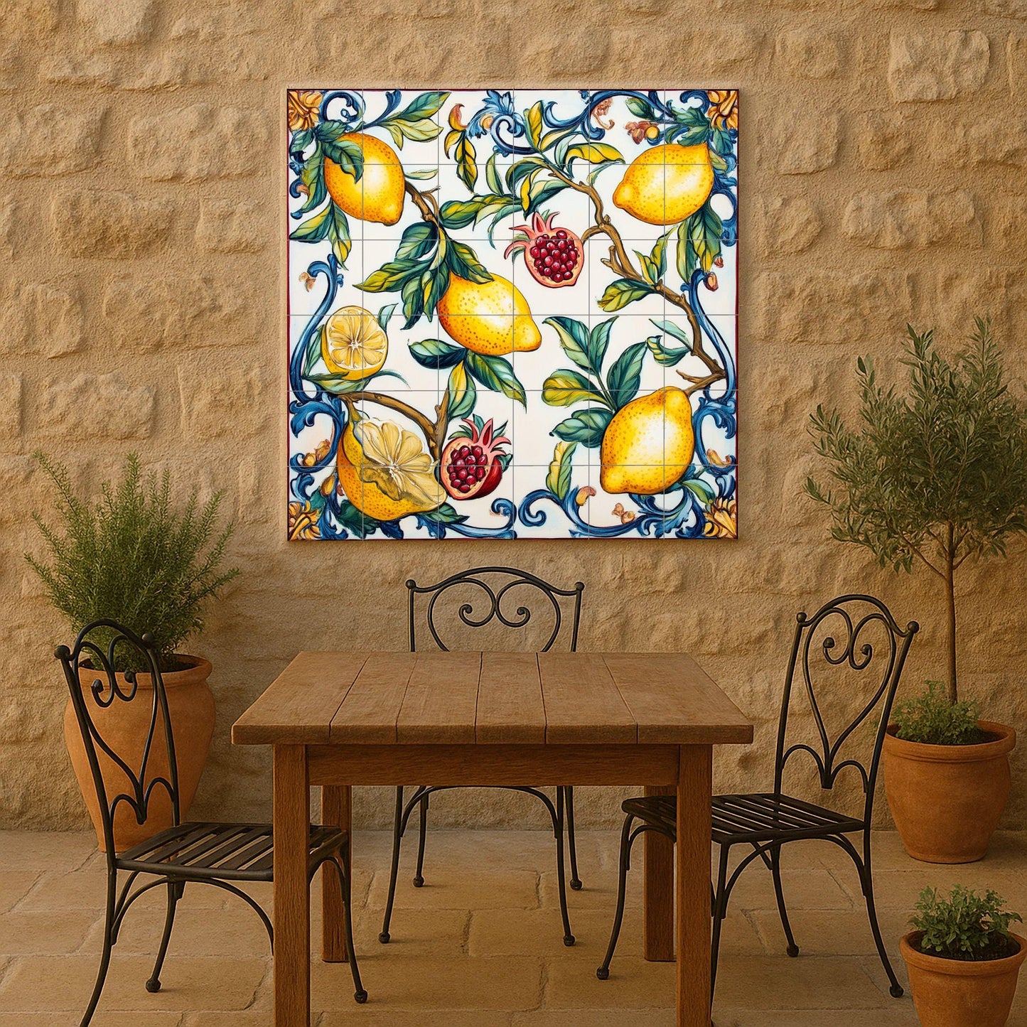 Valencian ceramic mural: lemons and pomegranates with blue scrolls, inspired by the Mediterranean orchards and the ceramic heritage of Manises.