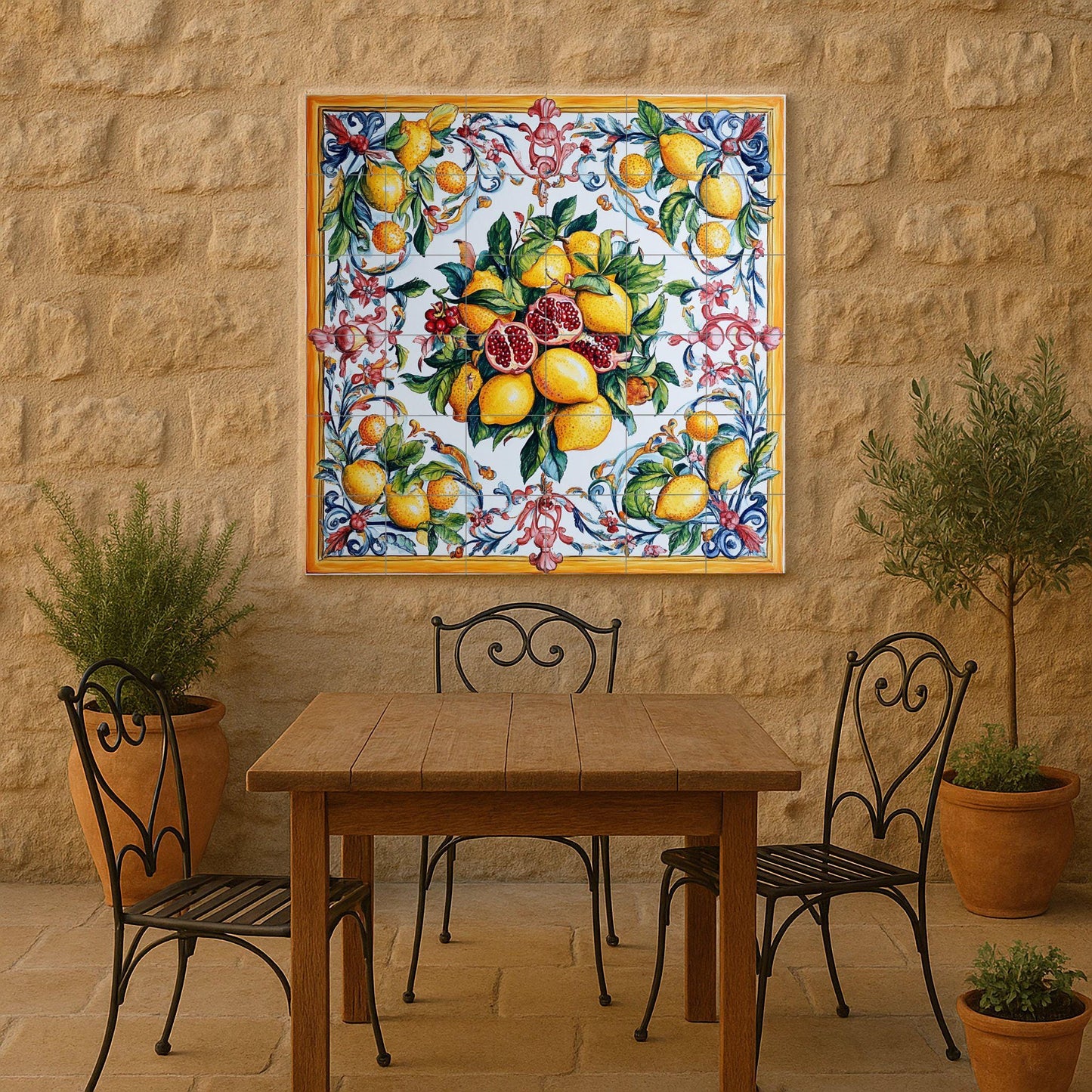 Sicilian majolica mural: lemons and pomegranates in vibrant Mediterranean colors, bordered with rococo spirals on glazed ceramic tiles.