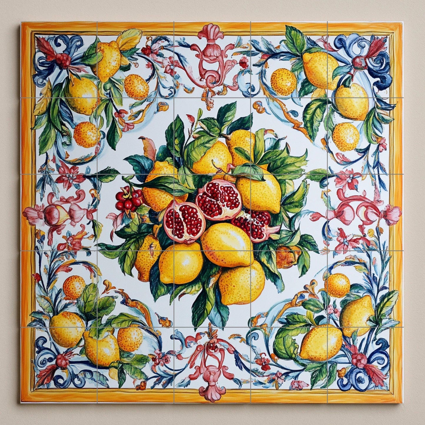 Sicilian majolica mural: lemons and pomegranates in vibrant Mediterranean colors, bordered with rococo spirals on glazed ceramic tiles.