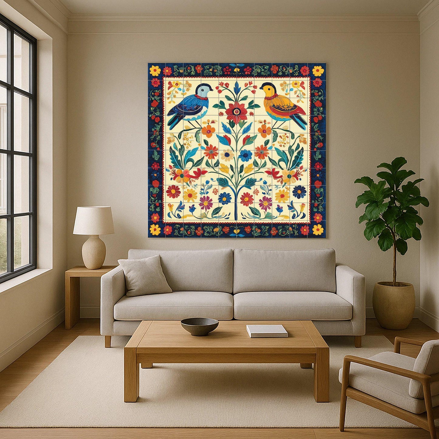 Popular Slovak mural: colorful birds and flowers in a symmetrical design, inspired by traditional embroidery and the art of the Carpathian peoples.