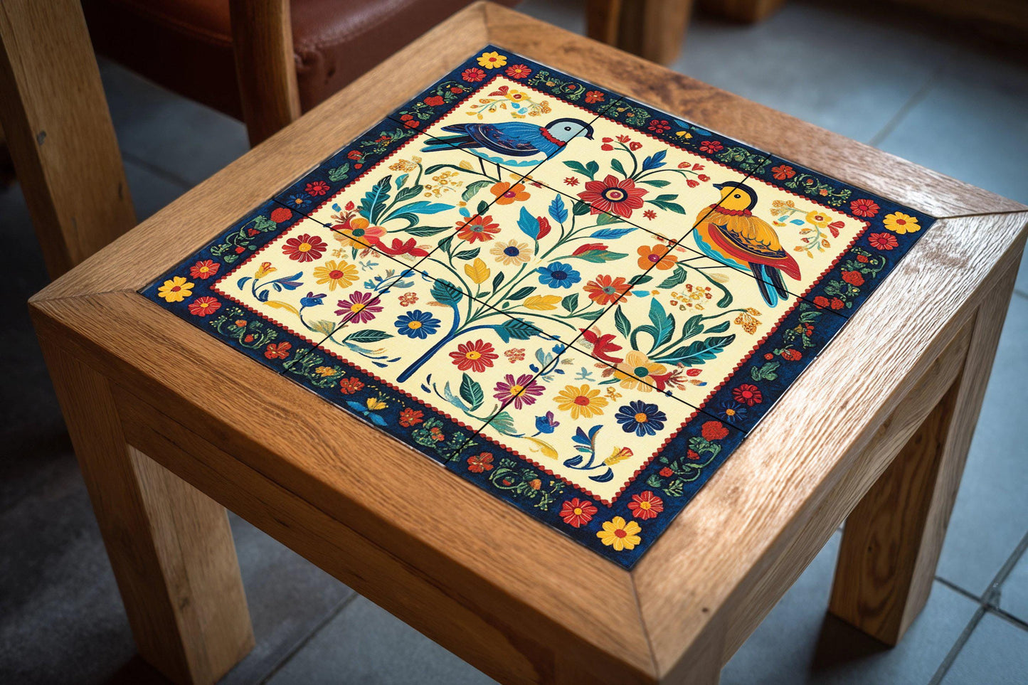 Popular Slovak mural: colorful birds and flowers in a symmetrical design, inspired by traditional embroidery and the art of the Carpathian peoples.