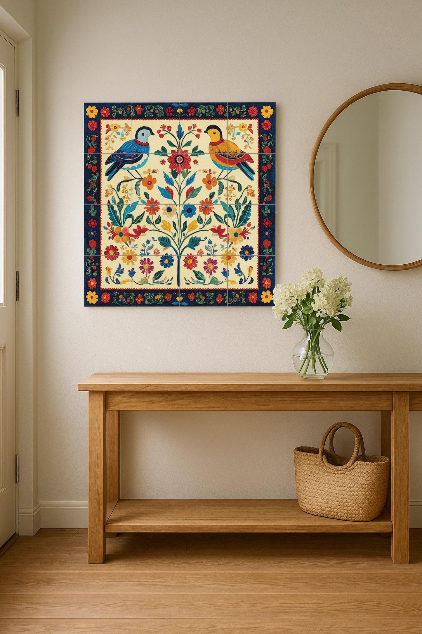 Popular Slovak mural: colorful birds and flowers in a symmetrical design, inspired by traditional embroidery and the art of the Carpathian peoples.