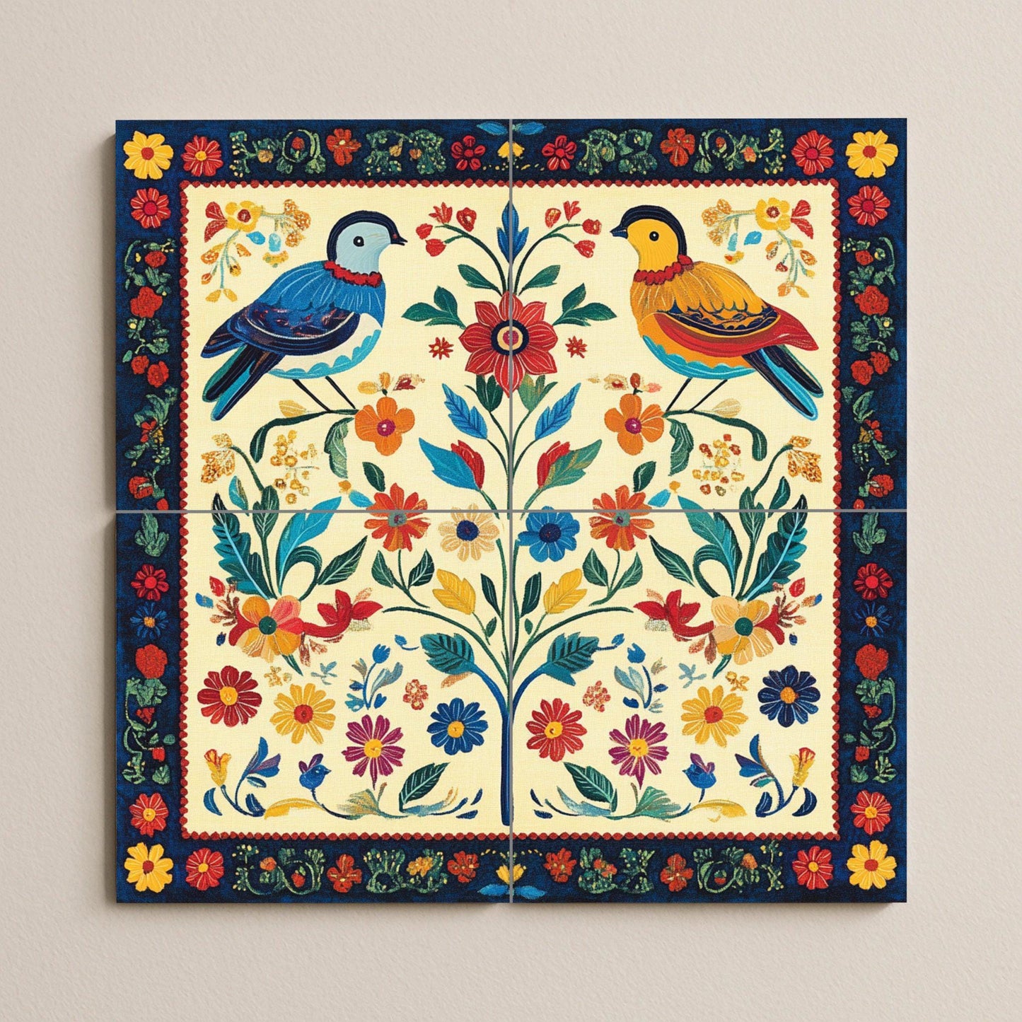 Popular Slovak mural: colorful birds and flowers in a symmetrical design, inspired by traditional embroidery and the art of the Carpathian peoples.
