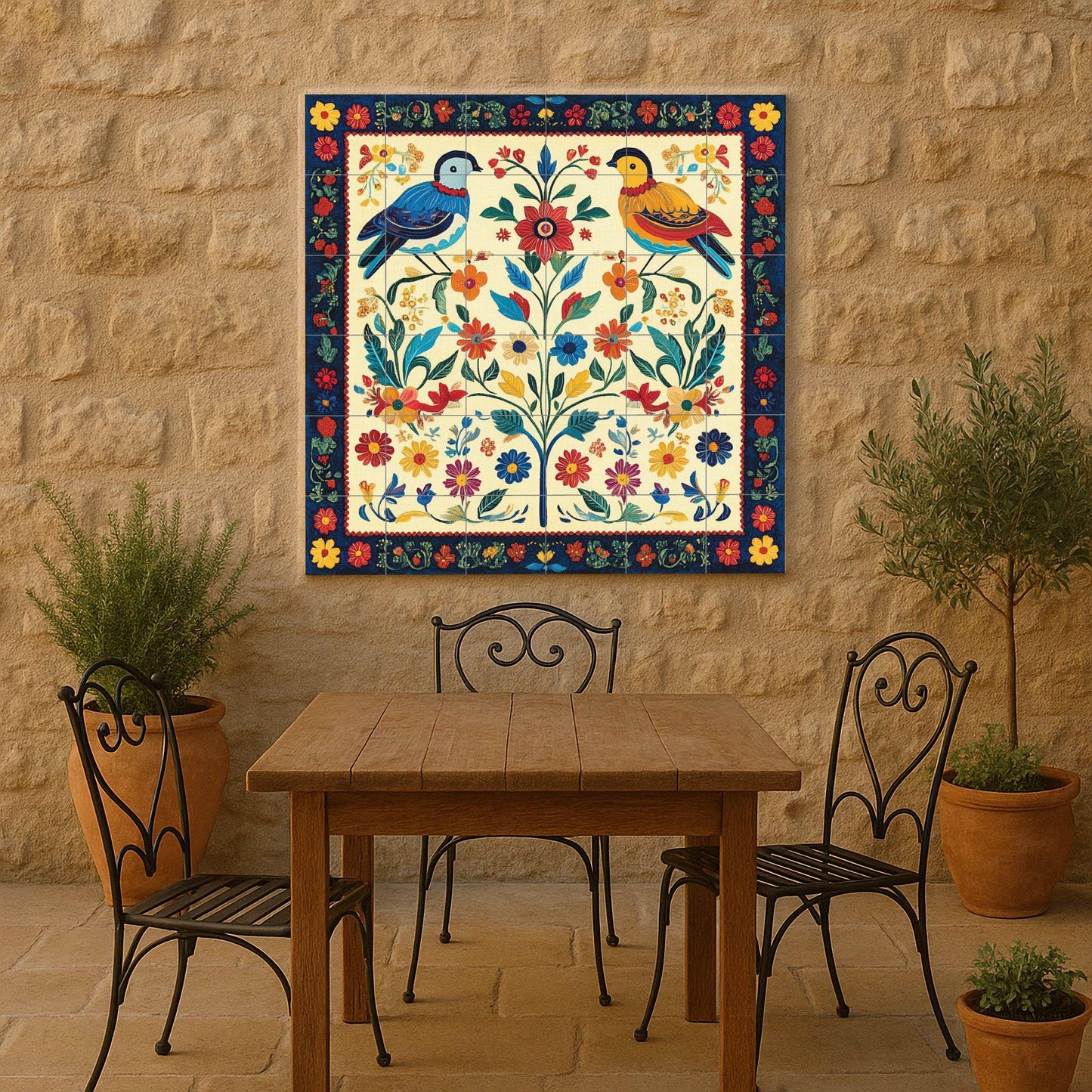 Popular Slovak mural: colorful birds and flowers in a symmetrical design, inspired by traditional embroidery and the art of the Carpathian peoples.