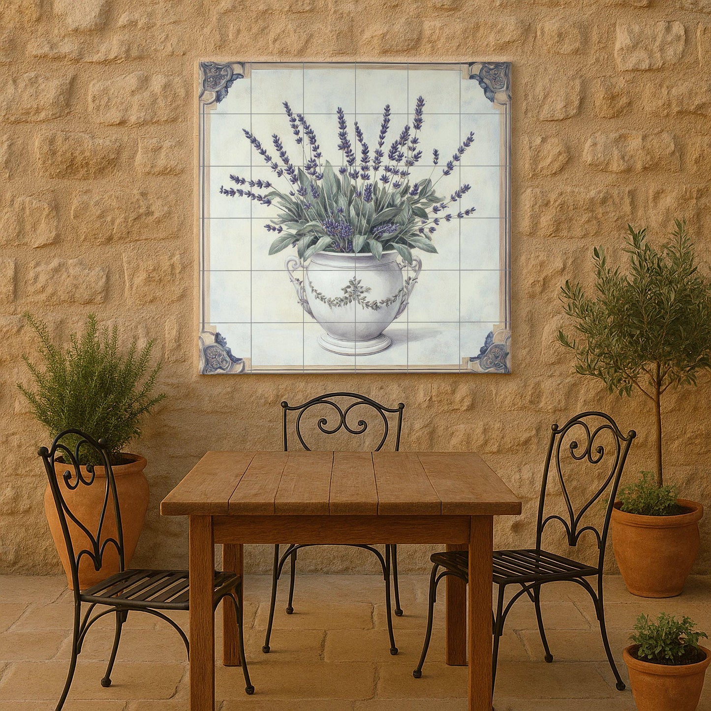 Lavender mural: Ceramic wall art with an elegant floral vase design, decorative tile panel for kitchen, bathroom or garden decoration.