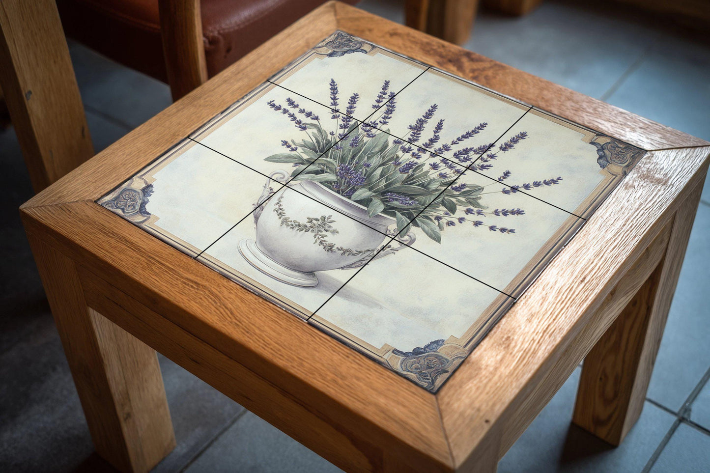 Lavender mural: Ceramic wall art with an elegant floral vase design, decorative tile panel for kitchen, bathroom or garden decoration.