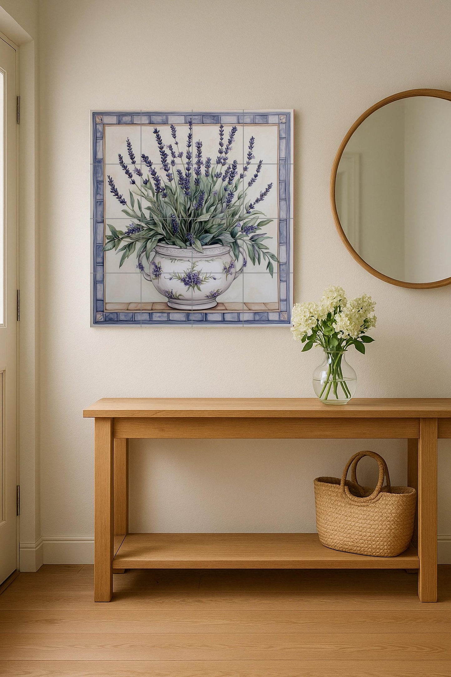 Provencal lavender mural: ceramic wall art with floral vase design, French rustic kitchen decor inspired by Provencal tradition.