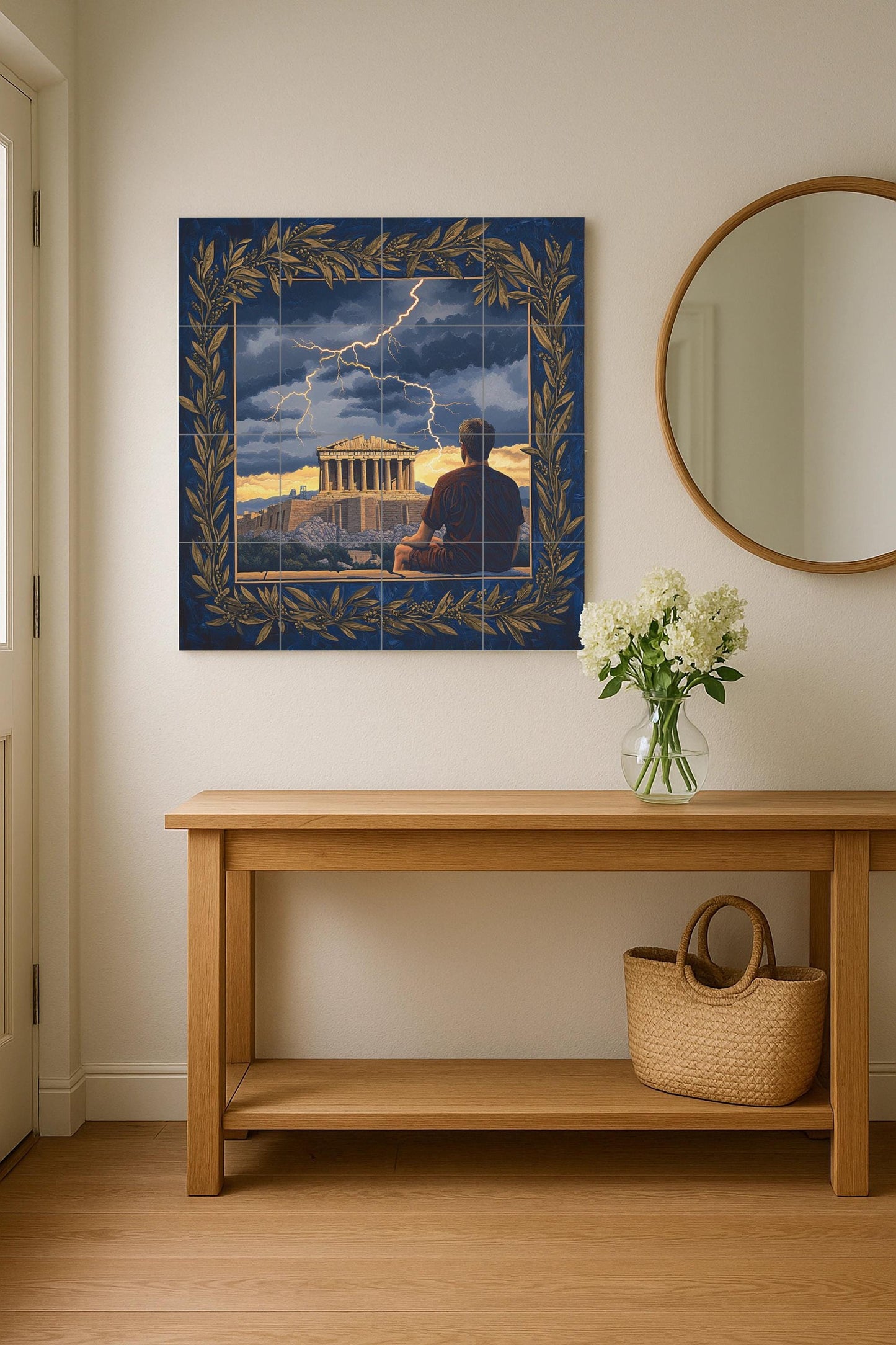 Ceramic mural from the Greek Parthenon: stormy scene from the Acropolis with an olive wreath border, Hellenic heritage mural art, classical mythology of Athens